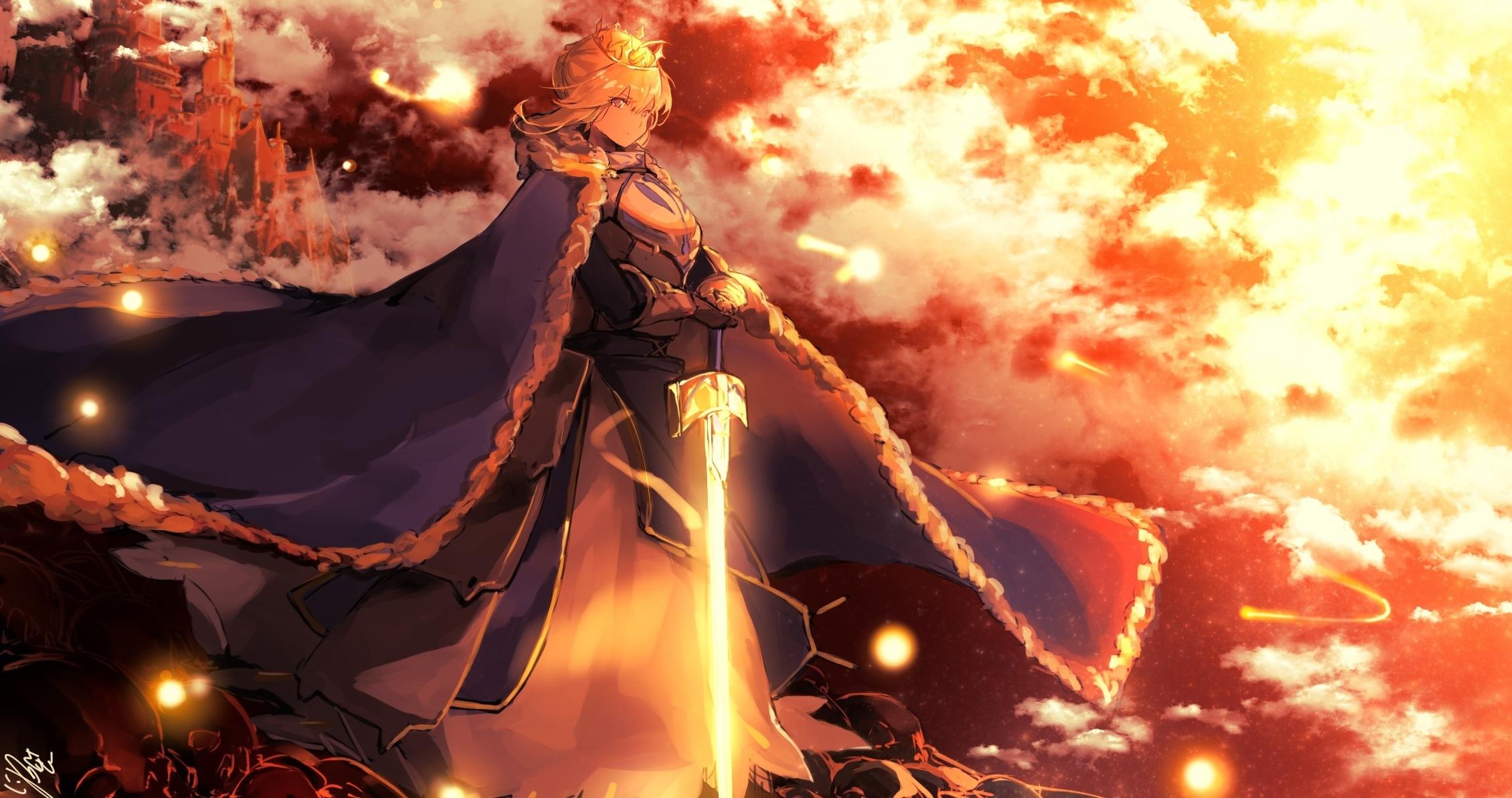 2260x1194 Wallpaper Armor, Cape, Saber Alter, Artoria Pendragon, Sunset, Fate Stay Night, Sword:2260x1194