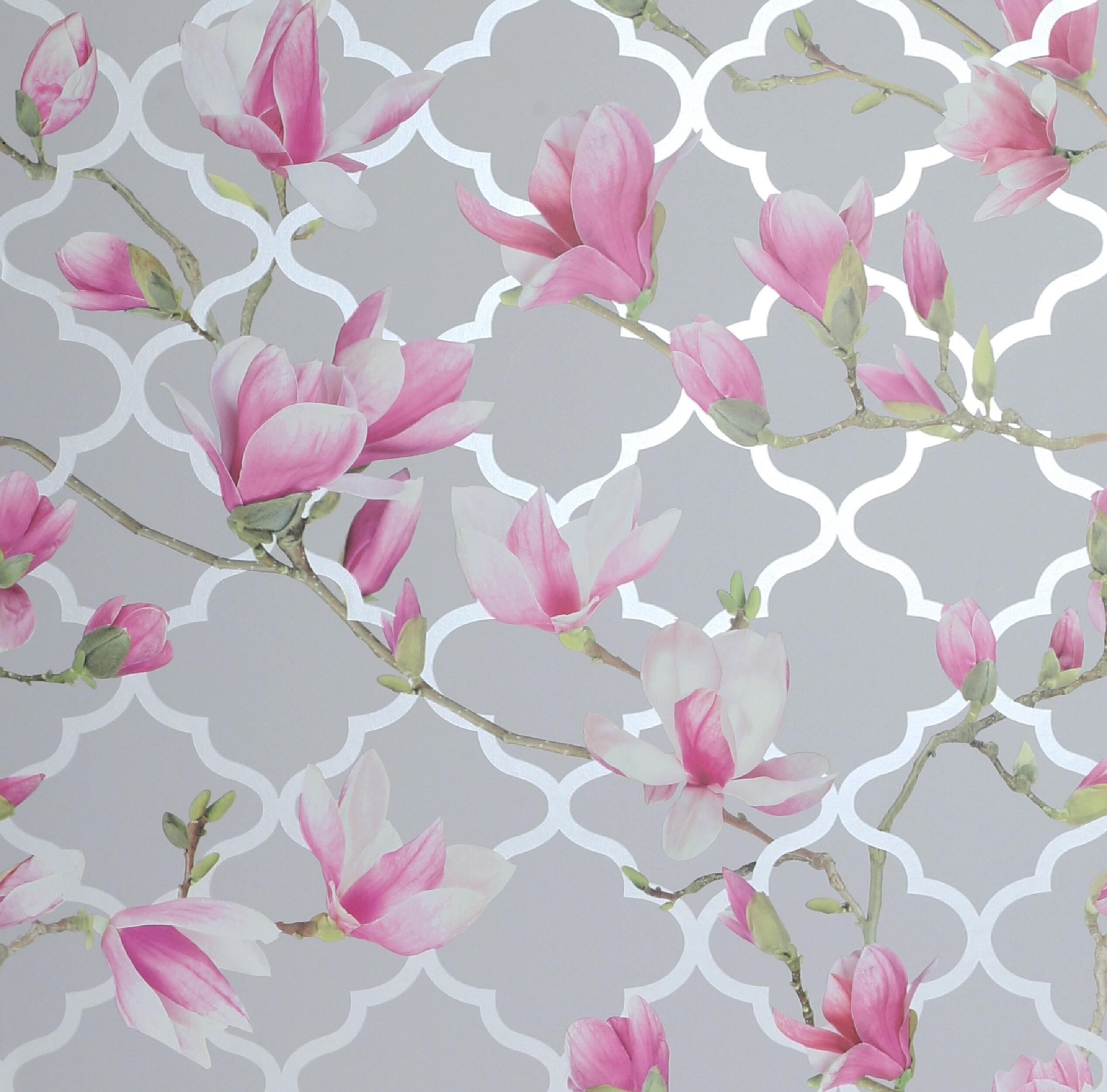 2534x2500 Arthouse Magnolia Trellis Grey and Pink Wallpaper in the Wallpaper department at