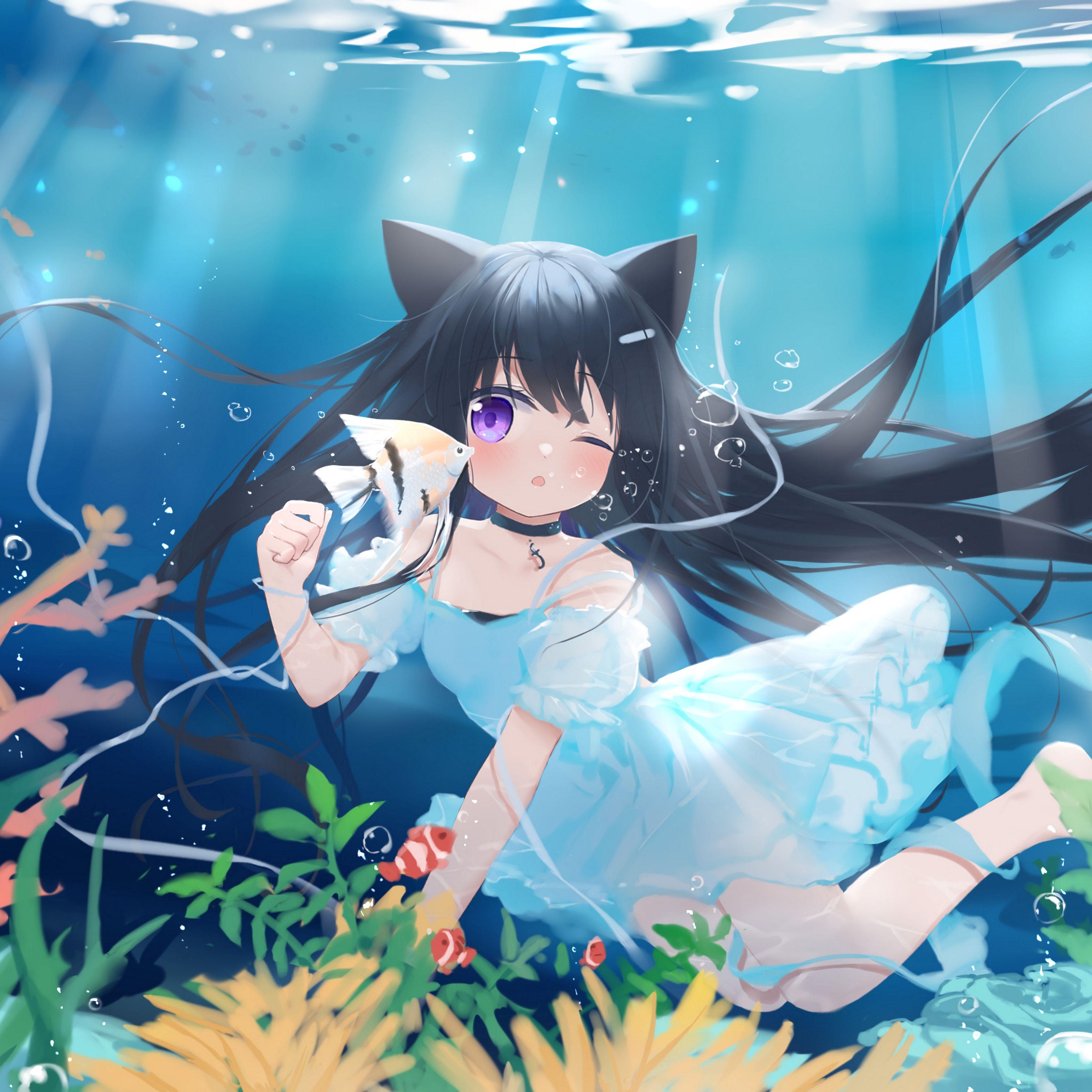 3415x3415 Download wallpaper 3415x3415 girl, neko, underwater world, fish, sea, anime ipad pro 12.9 retina for parallax HD background