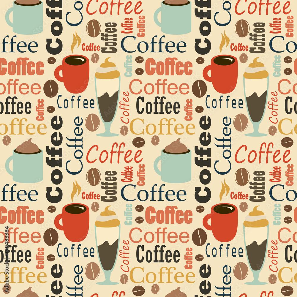 1000x1000 Coffee Break Flyer Template. Leaflet, banners, invitation, brochure, wallpaper with cups of coffee and text. Seamless texture. Coffee background. Stock Illustration