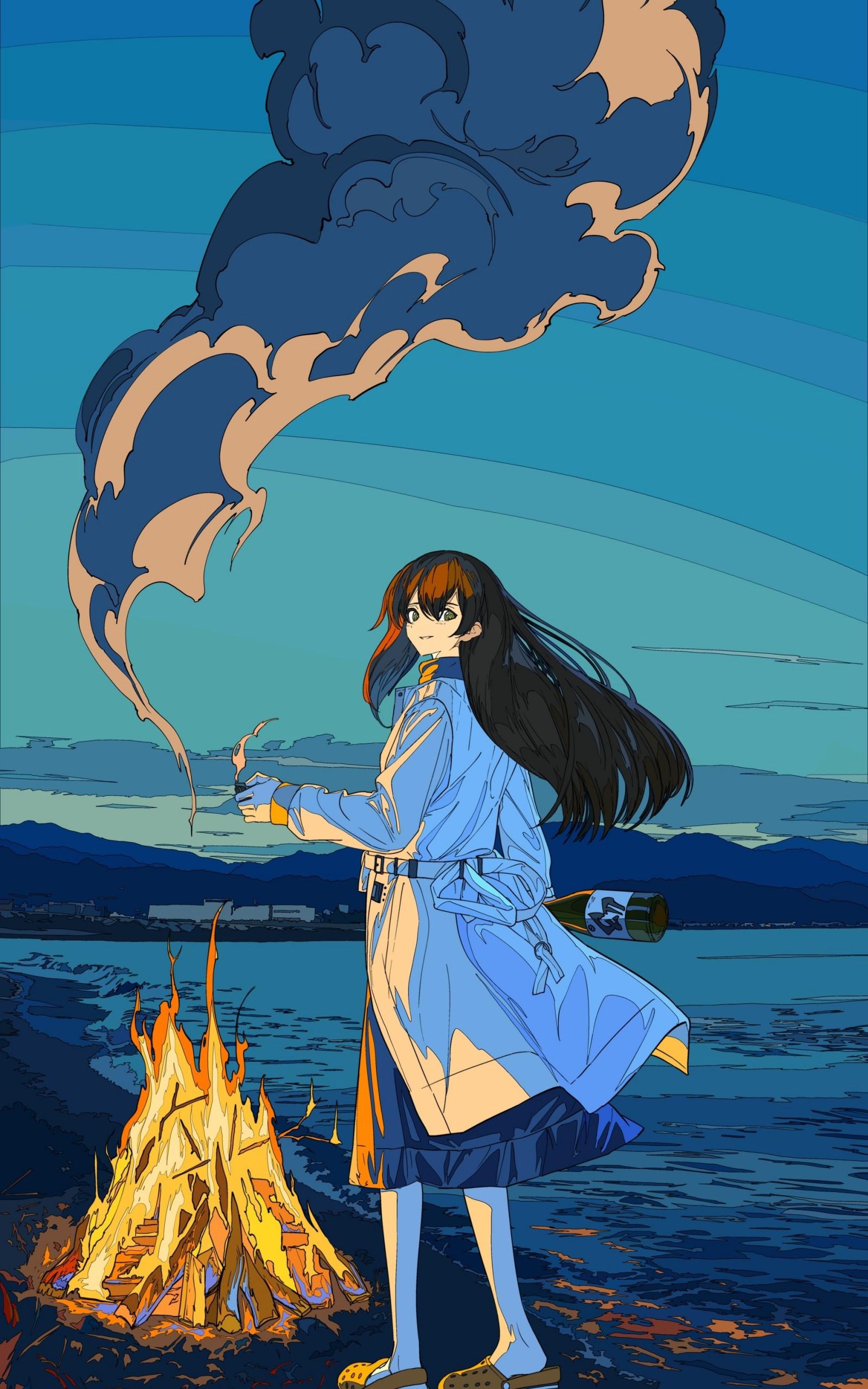 1600x2560 Download 1600x2560 Anime Girl, Bonfire, Smoke, Night, Lighter Wallpaper for Google Nexus 10