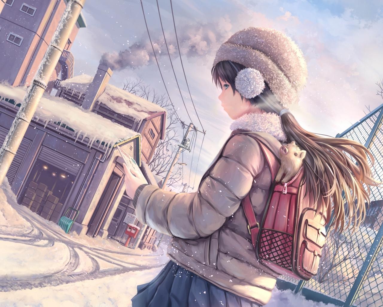 1280x1024 Wallpaper Backpack, Winter, Street, Anime School Girl, Smoke, Snow:2364x1604