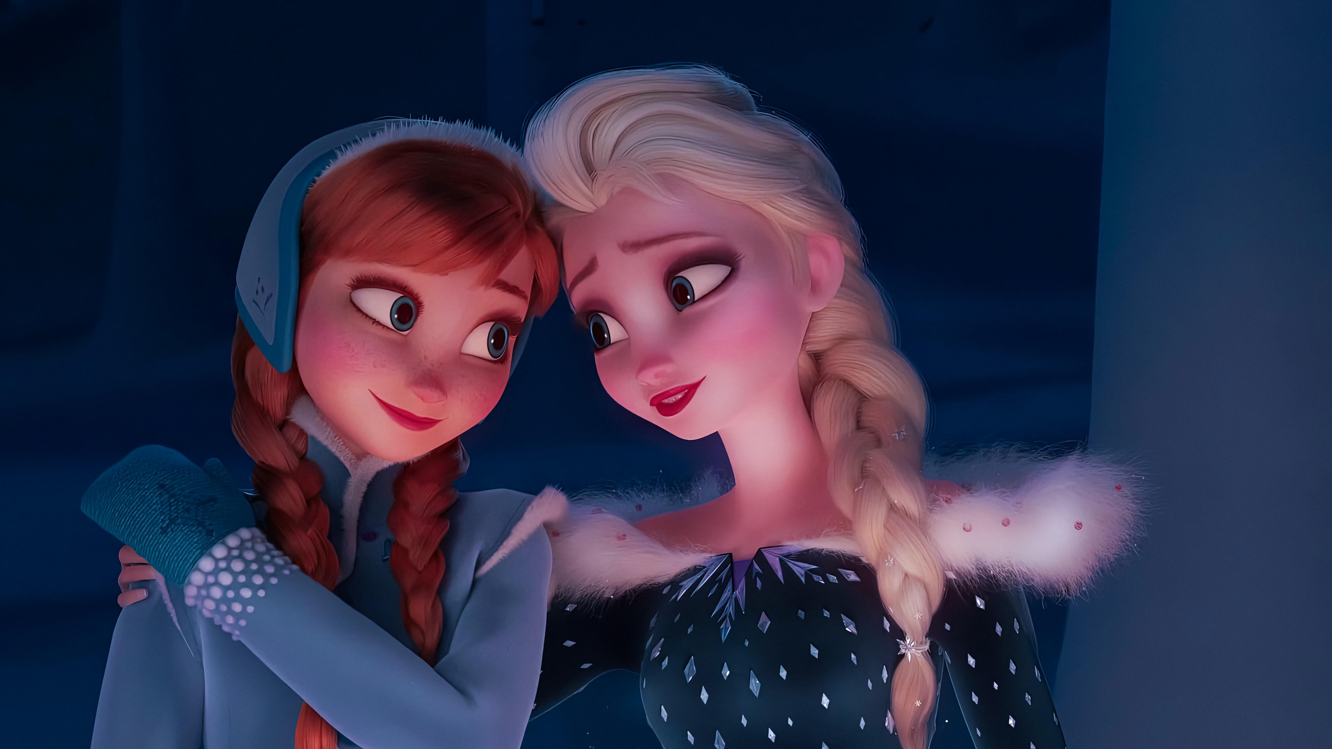 5120x2880 Anna Elsa Blue Background 4K 8K HD Olaf's Frozen Adventure Wallpaper