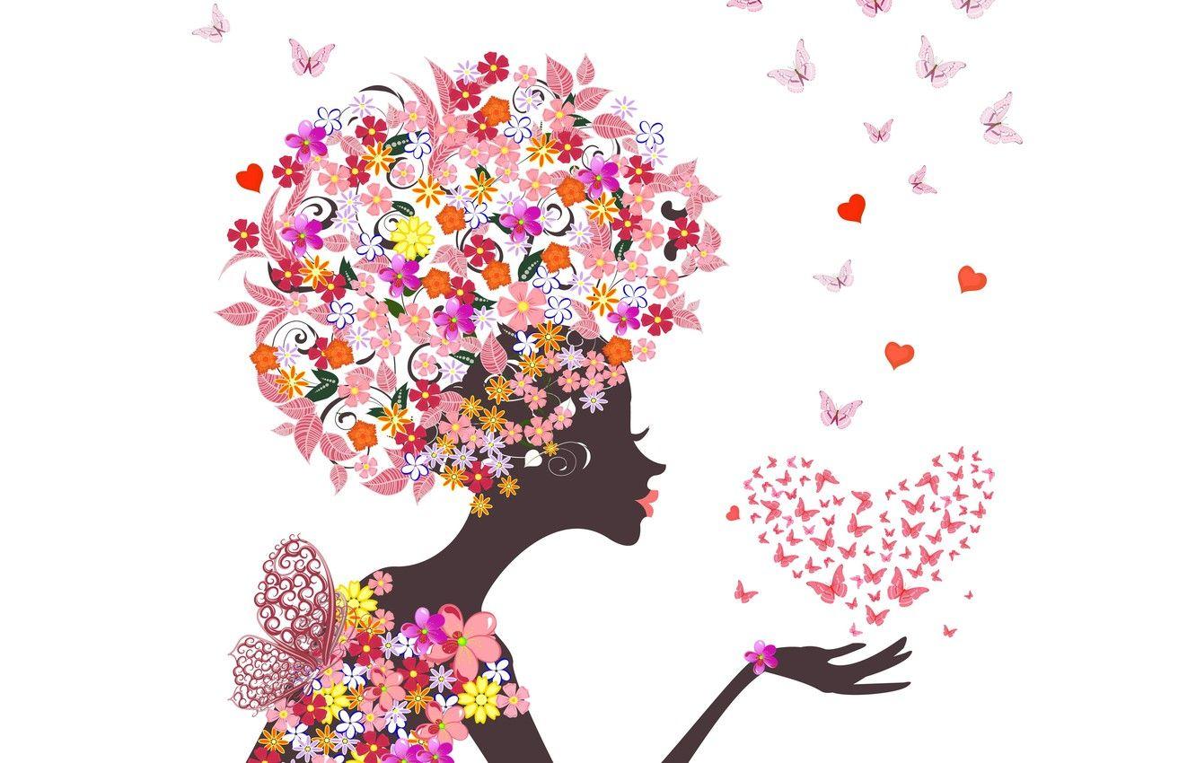 1332x850 Wallpaper girl, butterfly, flowers, abstraction, hearts, girl, flowers, hearts, abstraction, butterflies image for desktop, section абстракции