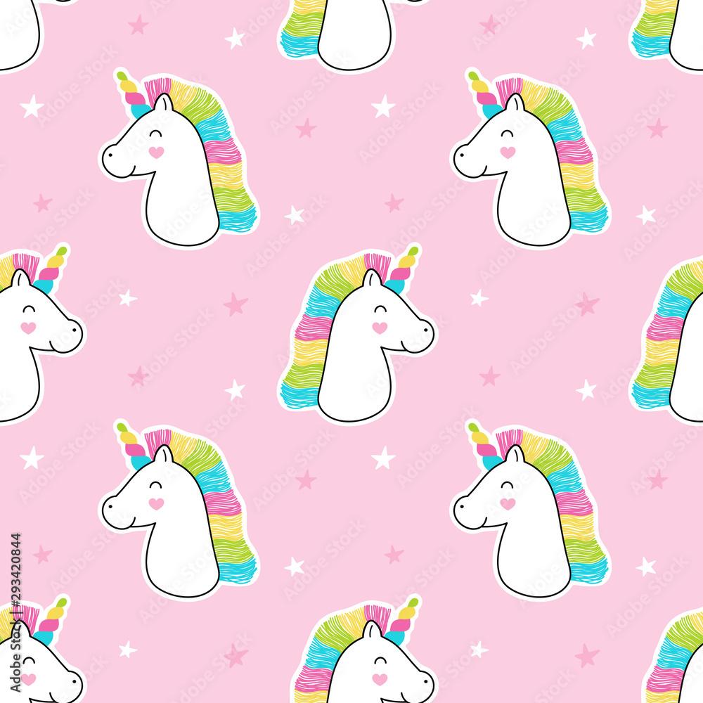 1000x1000 Seamless cute pattern, rainbow unicorn, magic stars, design for print, wallpaper, fabric. Vector illustration for children. Stock Vector