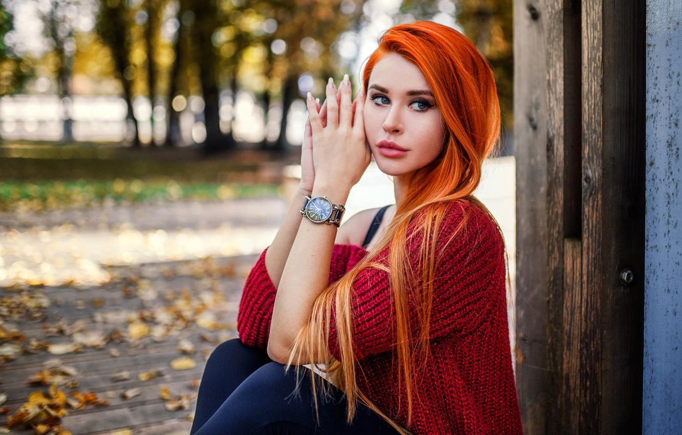 1332x850 Wallpaper autumn, leaves, trees, red, model, portrait, makeup, hairstyle, beauty, sitting, redhead, posing, bokeh, jumper, Hakan Erenler, Dana Bounty image for desktop, section девушки