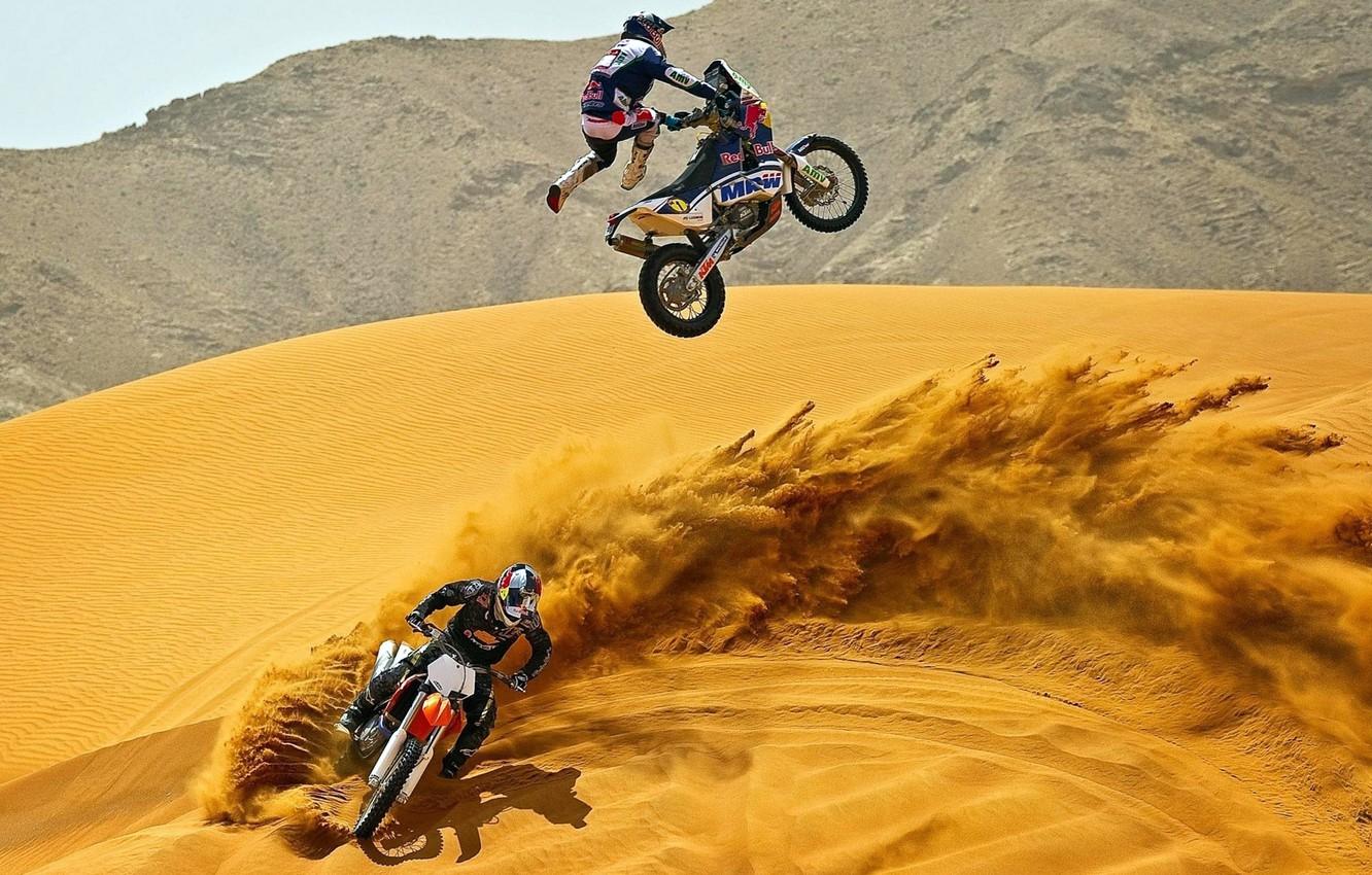 1332x850 Wallpaper SAND, HELMET, MOTOCROSS, COSTUME, MOTORCYCLES, DESERT, JUMPER image for desktop, section спорт