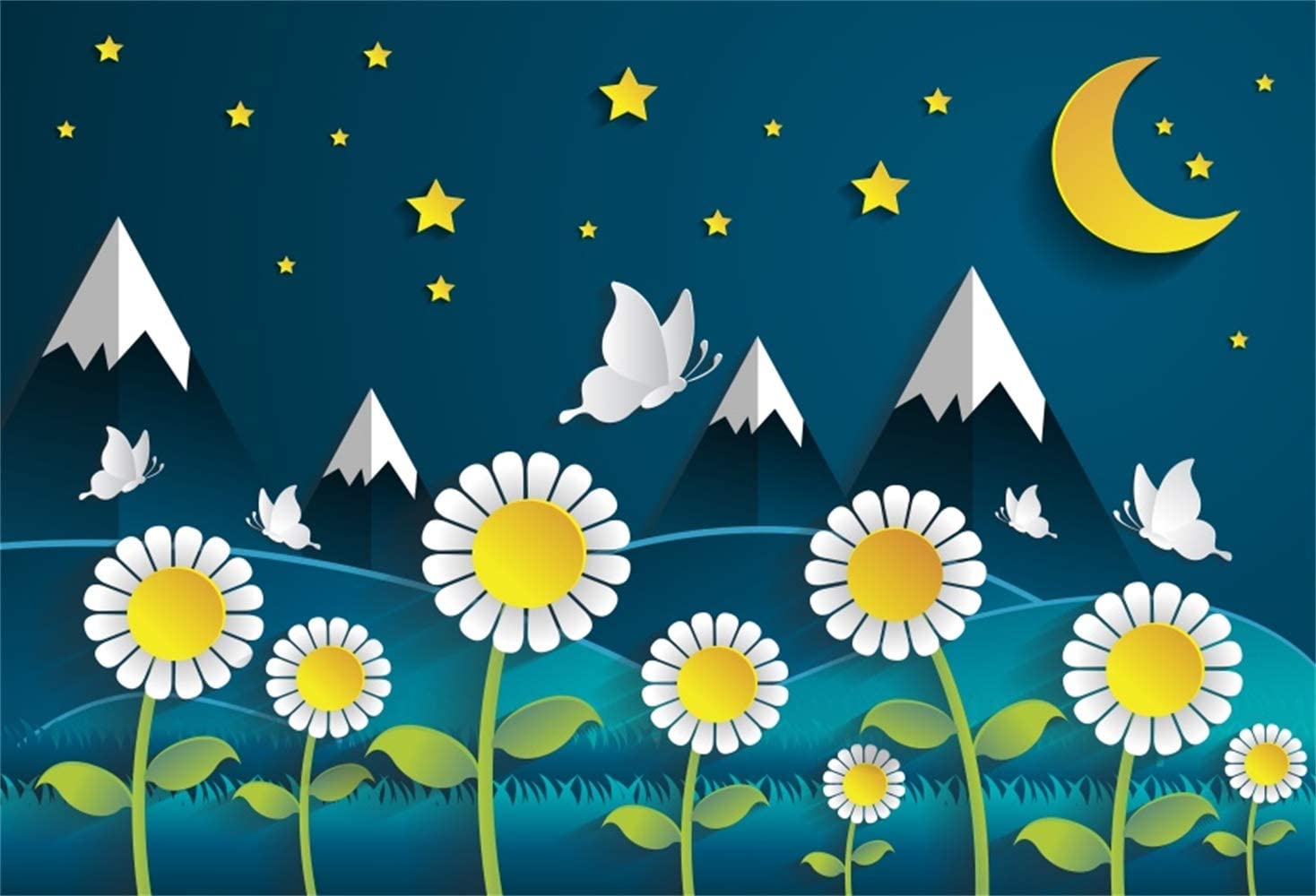 1468x1000 10x7ft Vinyl Cartoon Birthday Photography Background Moon Stars Daisy Flowers Snow Mountains Butterflies Illustrations Scenic Backdrop Child Baby Birthday Party Banner Kids Room Wallpaper Photo Background Electronics