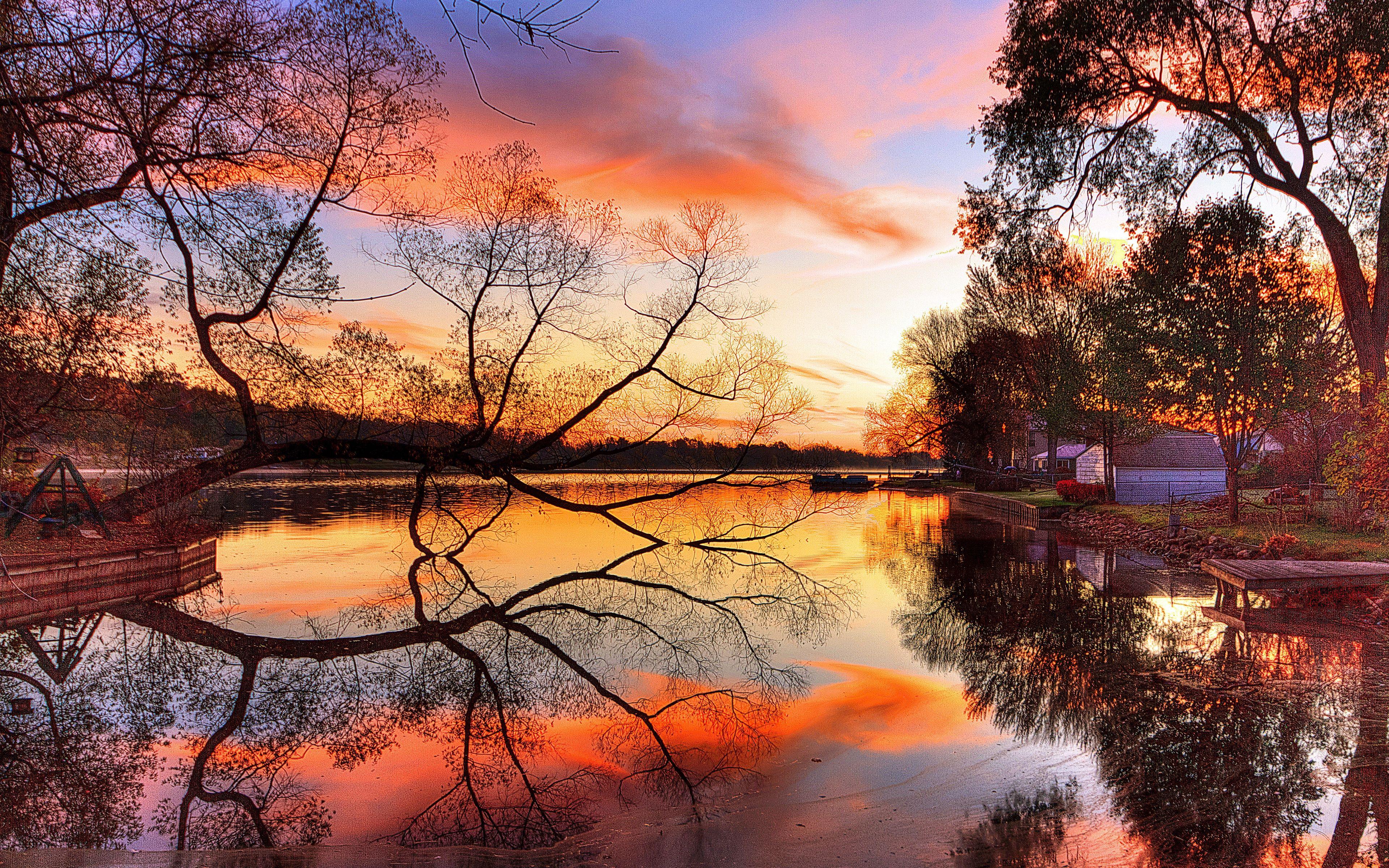 3840x2400 Download wallpaper 3840x2400 lake, sunset, trees, landscape, beach