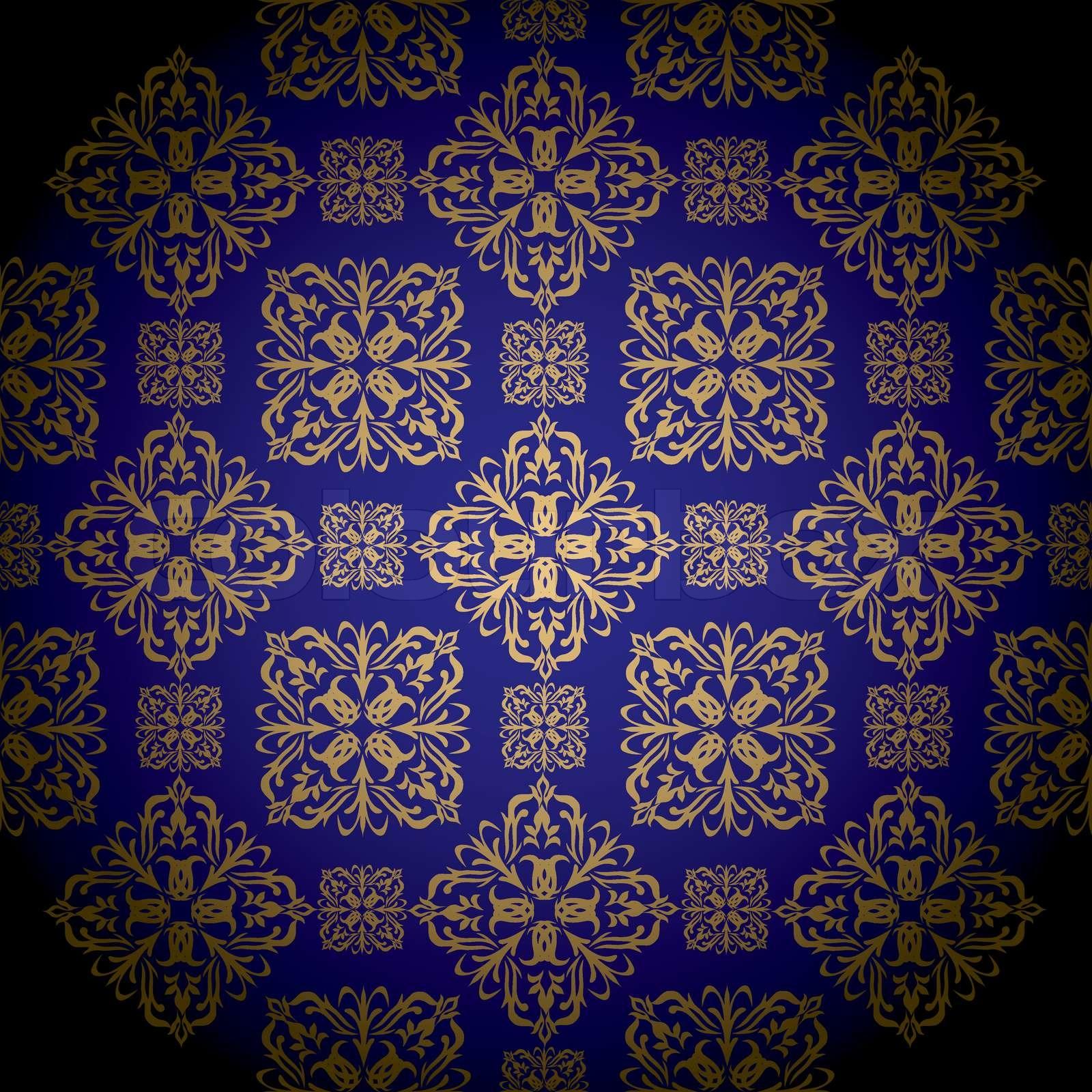 1600x1600 Blue and gold royal wallpaper with seamless repeat pattern
