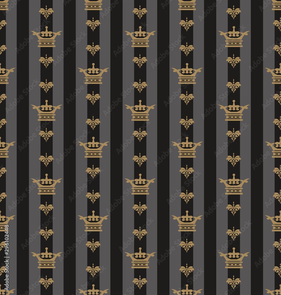 952x1000 Dark pattern in Royal style. Decorative elegant design. Gray stripes and royal gold crowns on a black background. Image colors: black, gold. Wallpaper background. Ornate fabric design. Vector image Stock Vector