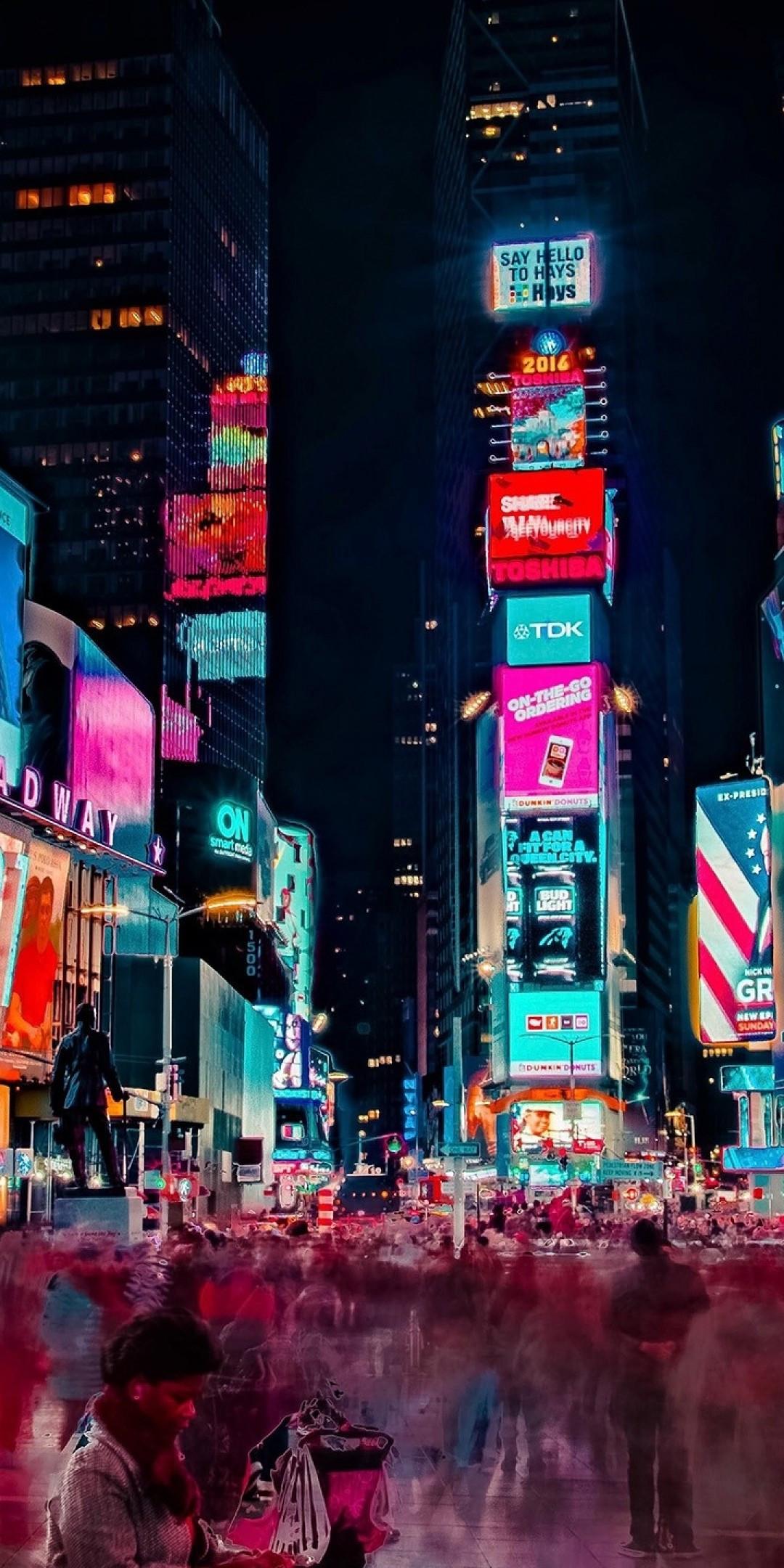 1080x2160 Download 1080x2160 New York City, Night, Skyscrapers, People, Timelapse, Time Square Wallpaper for Huawei Mate 10