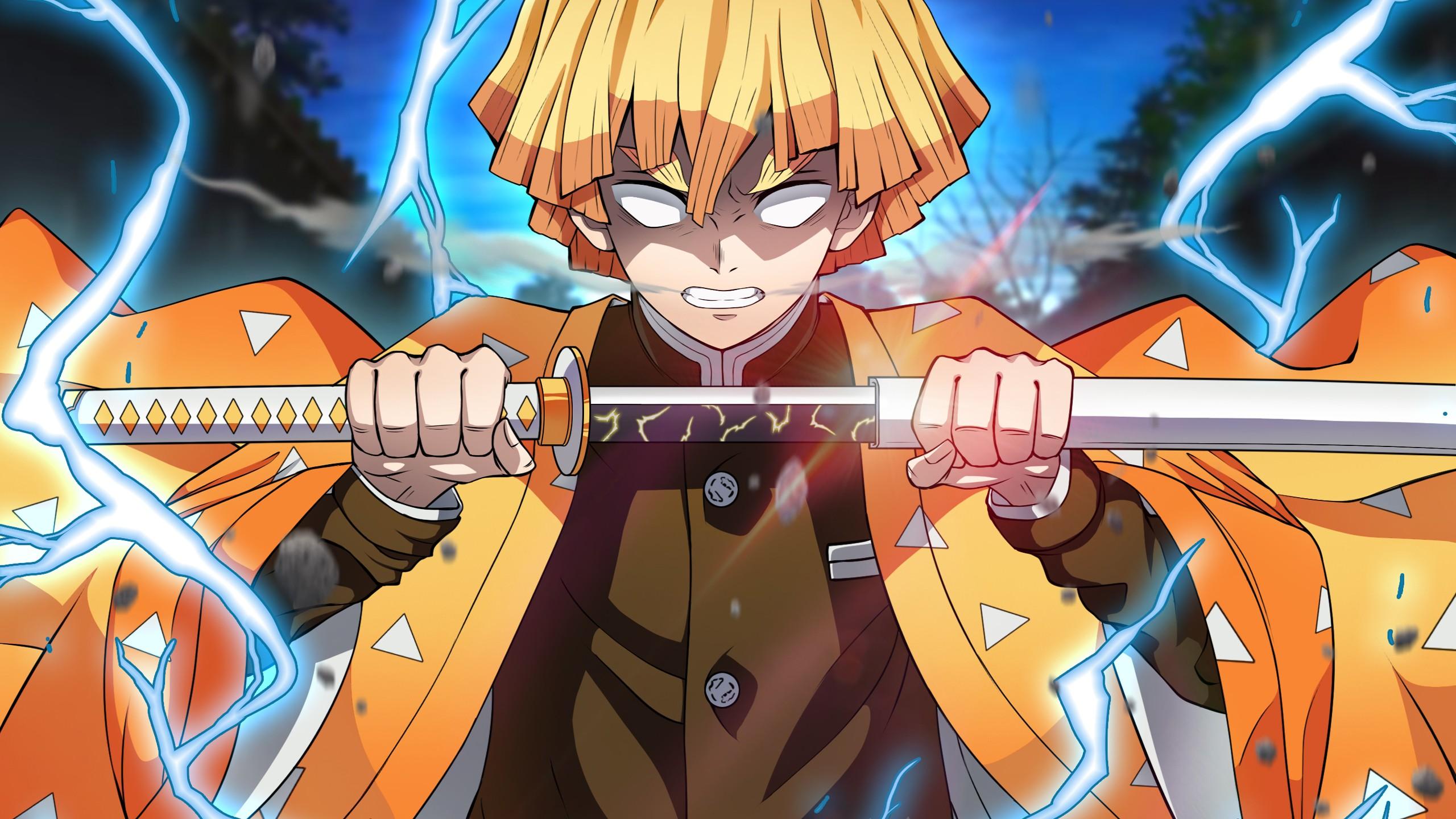 2560x1440 Yellow Hair Zenitsu Agatsuma HD Demon Slayer Kimetsu no Yaiba Wallpaper