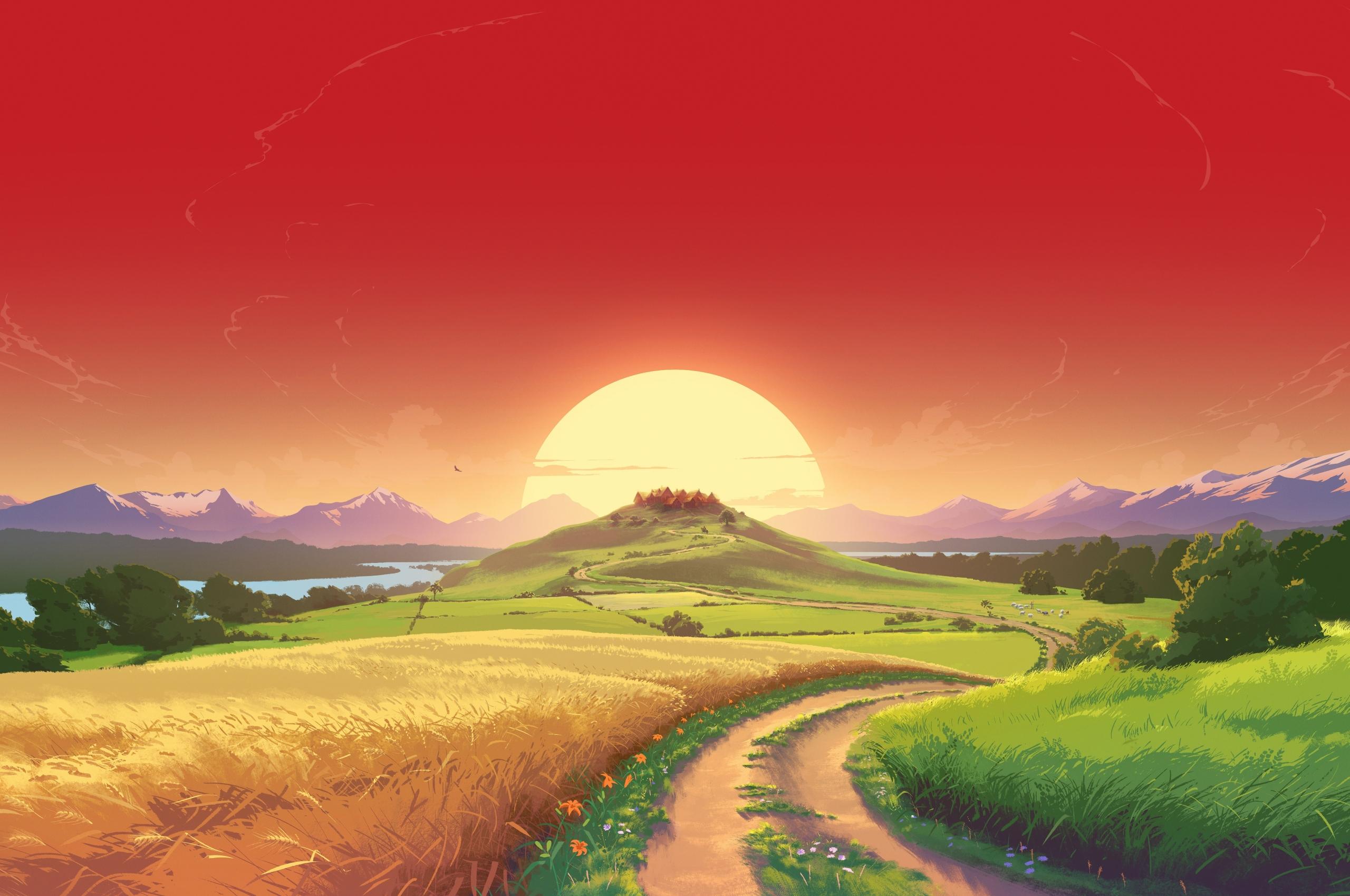 2560x1700 Wallpaper Path, Road, Game Landscape, Red Sky, Sunset, Mountains:7680x4320