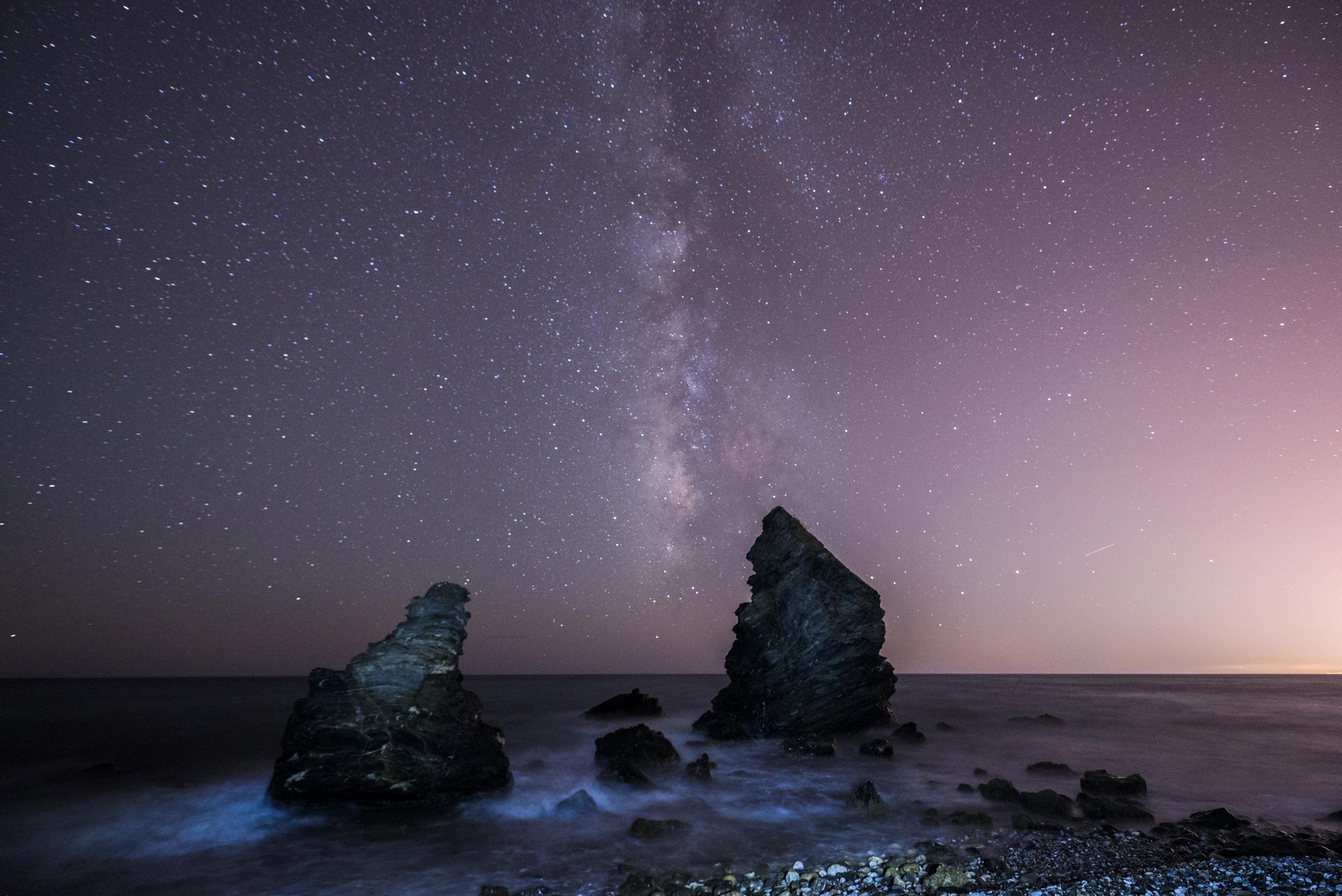 3000x2003 Horizon Milky Way Nature Night Ocean Rock Starry Sky Stars Wallpaper:3000x2003