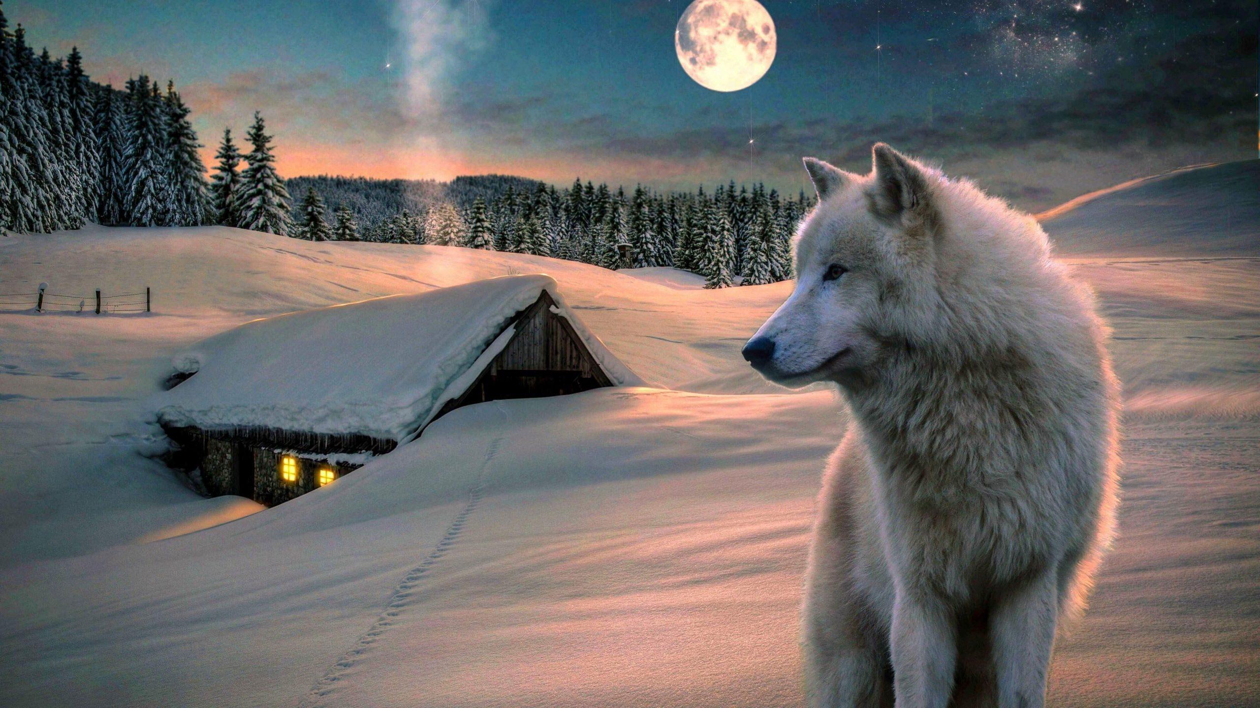 2560x1440 Winter Wallpaper, Snow, Wolf, Moon, Sky, Nature, Landscape, Full Moon • Wallpaper For You