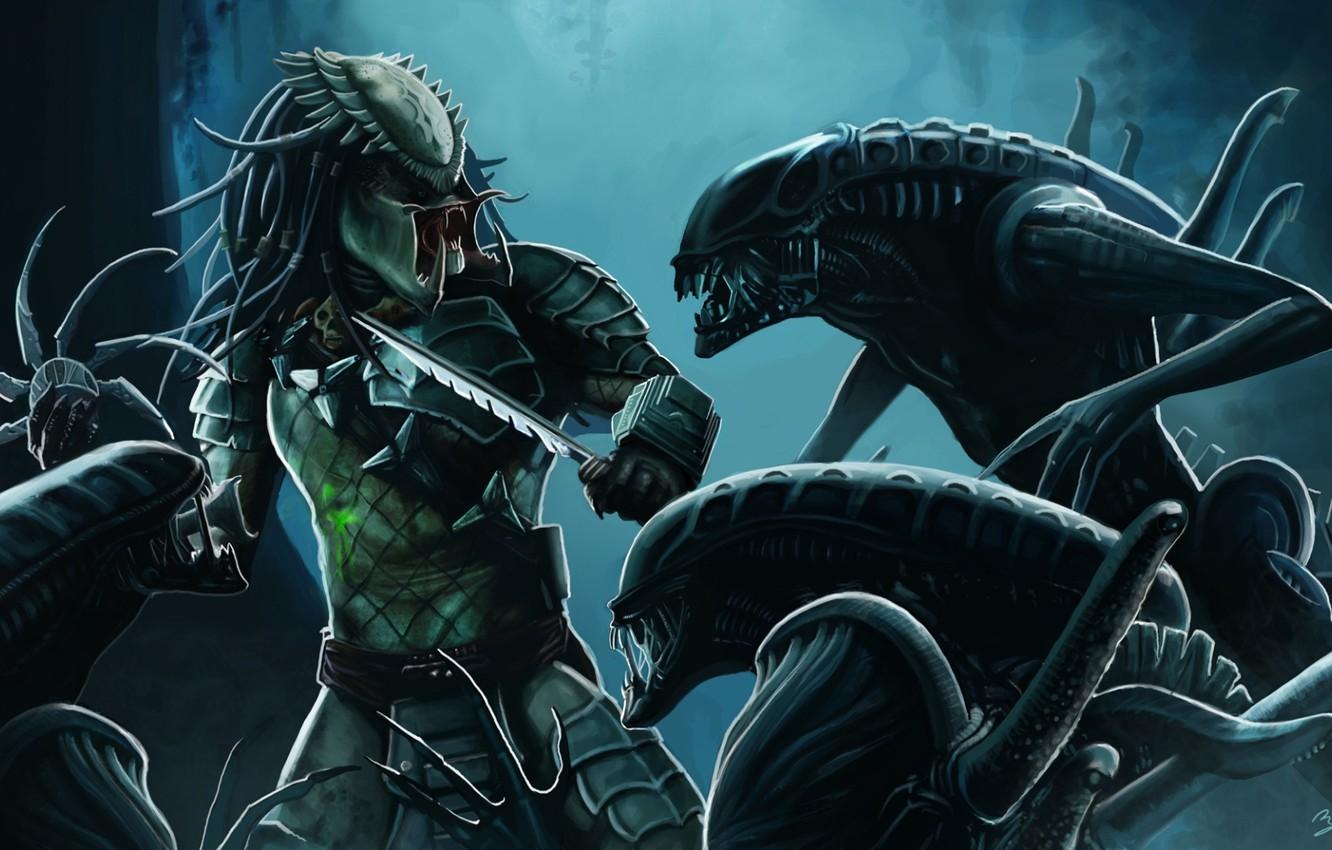 1332x850 Wallpaper background, art, Stranger, Predator, battle, Predator, Alien, art image for desktop, section разное