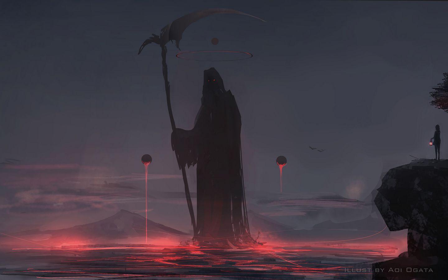 1440x900 Download wallpaper 1440x900 grim reaper, silhouette, mantle, dark, art widescreen 16:10 HD background
