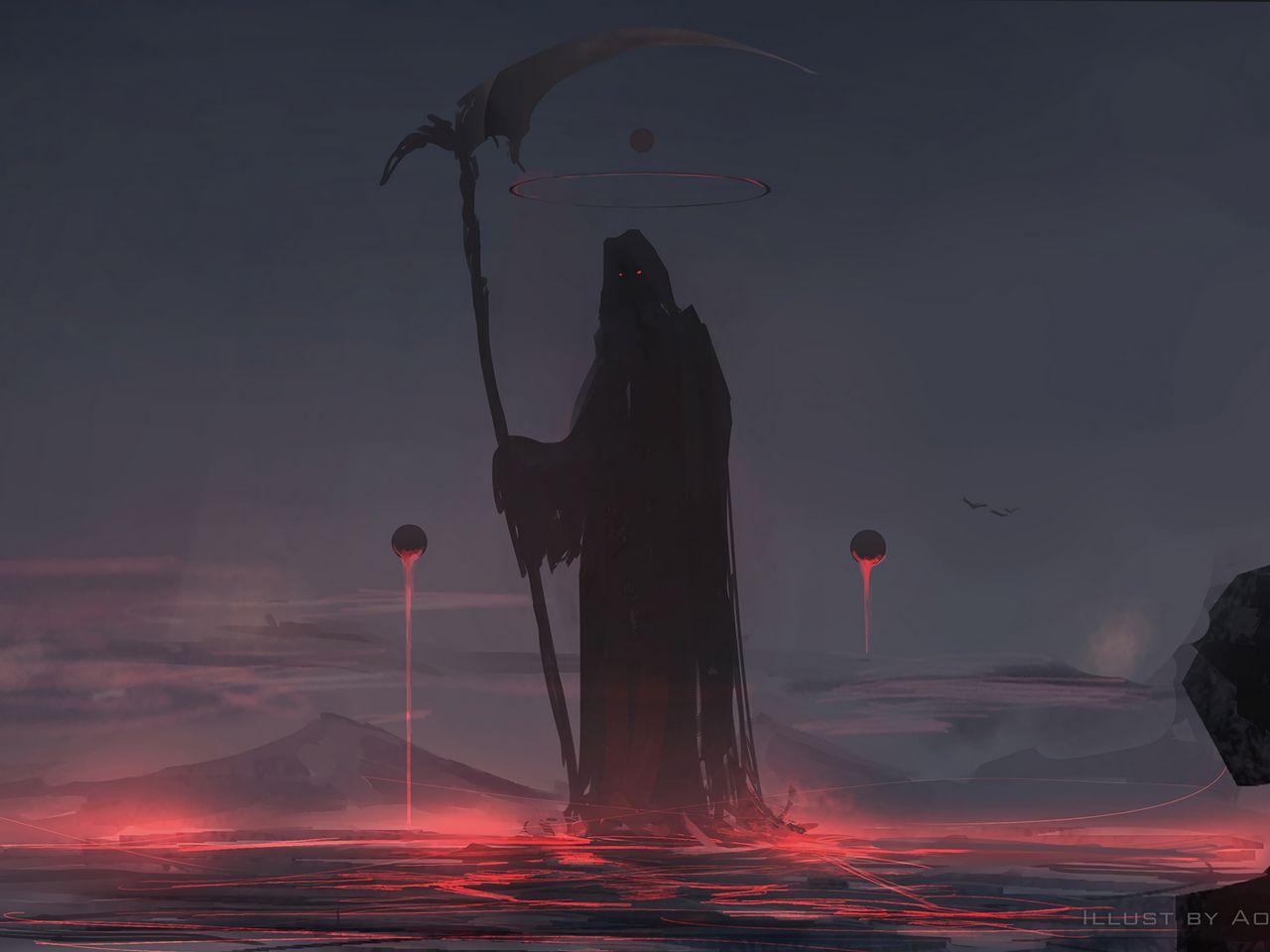 1280x960 Download wallpaper 1280x960 grim reaper, silhouette, mantle, dark, art standard 4:3 HD background