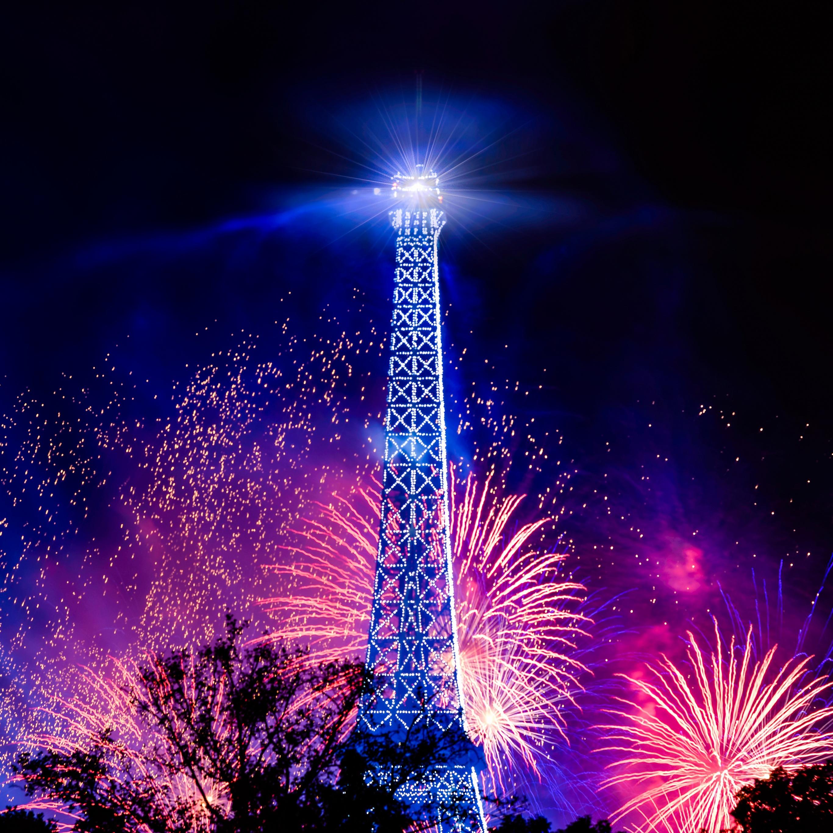 2732x2732 Eiffel Tower Wallpaper 4K, Fireworks, Bastille Day, Night, Paris, World