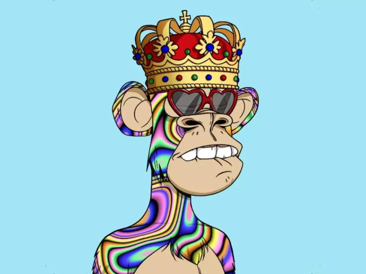  A cartoon ape wearing sunglasses and a crown, with rainbow-colored fur, on a blue background; the image sold for $29 million, making it the most expensive NFT image ever sold.