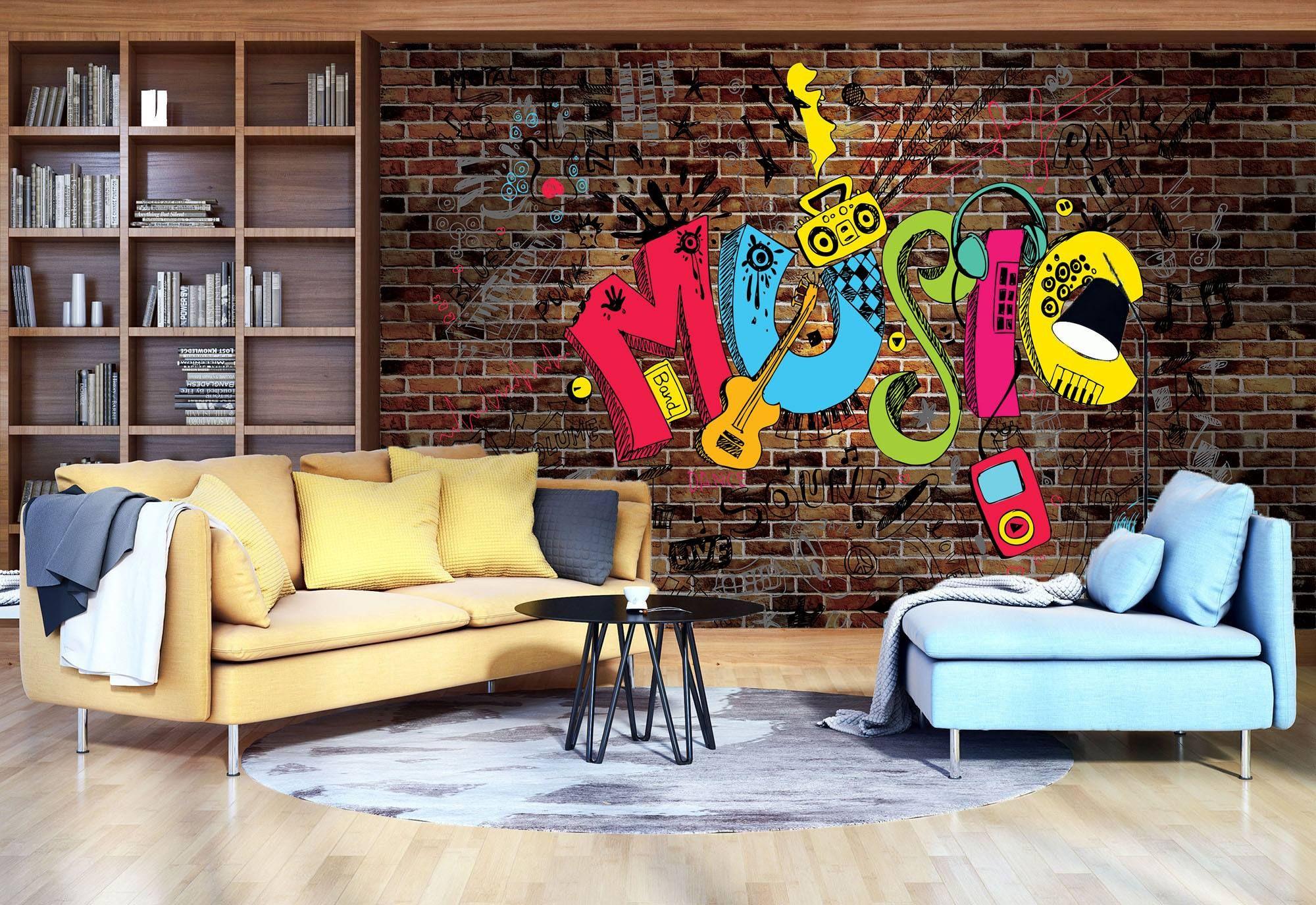 2000x1375 Music Mural Wallpaper, brick background, easy to apply shipping. Music mural, Large wall decor, Mural wallpaper