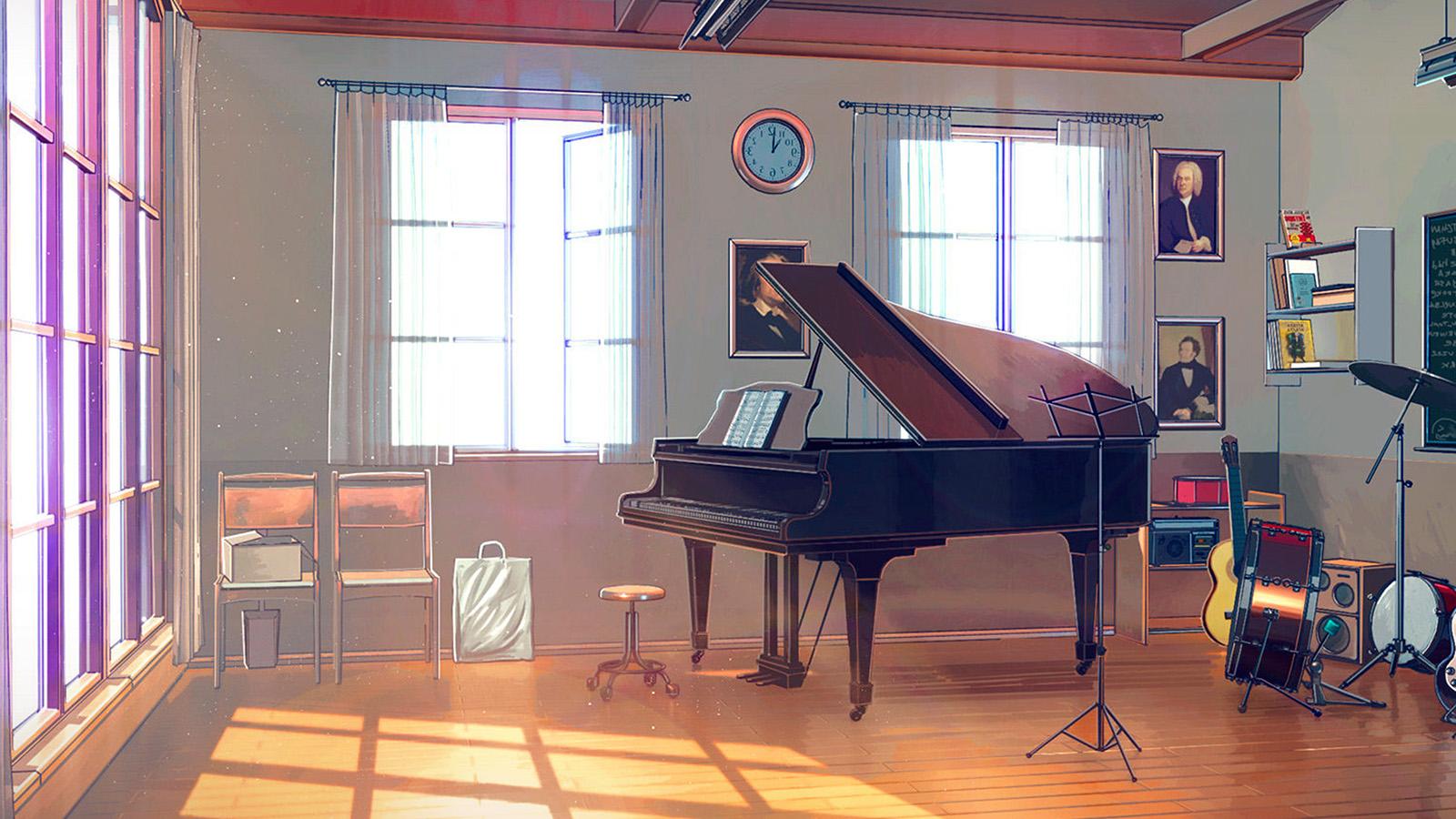 1600x900 Arseniy Chebynkin Music Room Piano Illustration Art Blue Wallpaper