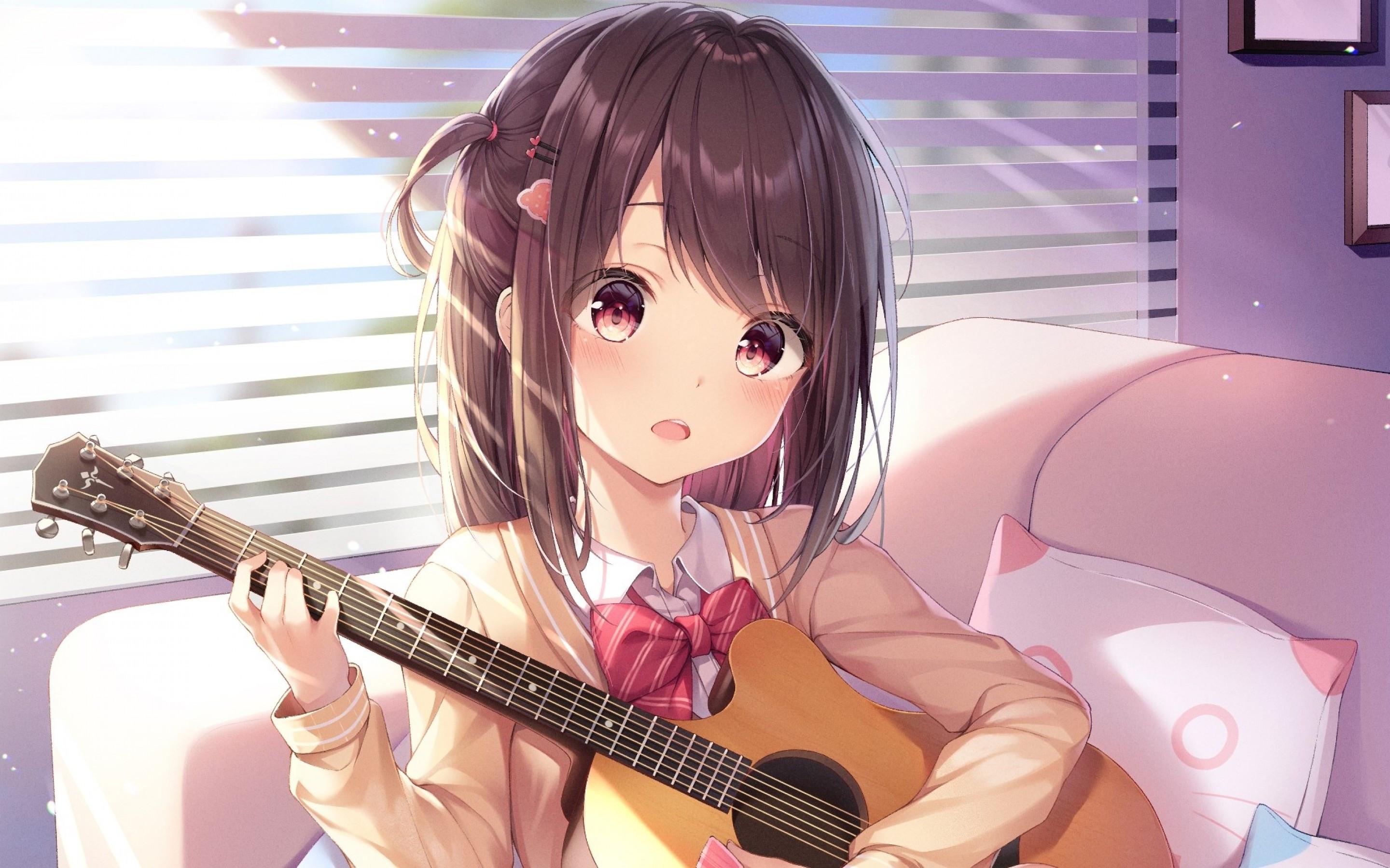 2880x1800 Download 2880x1800 Anime School Girl, Playing Guitar, Instrument, Music, Room, Brown Hair, School Uniform Wallpaper for MacBook Pro 15 inch