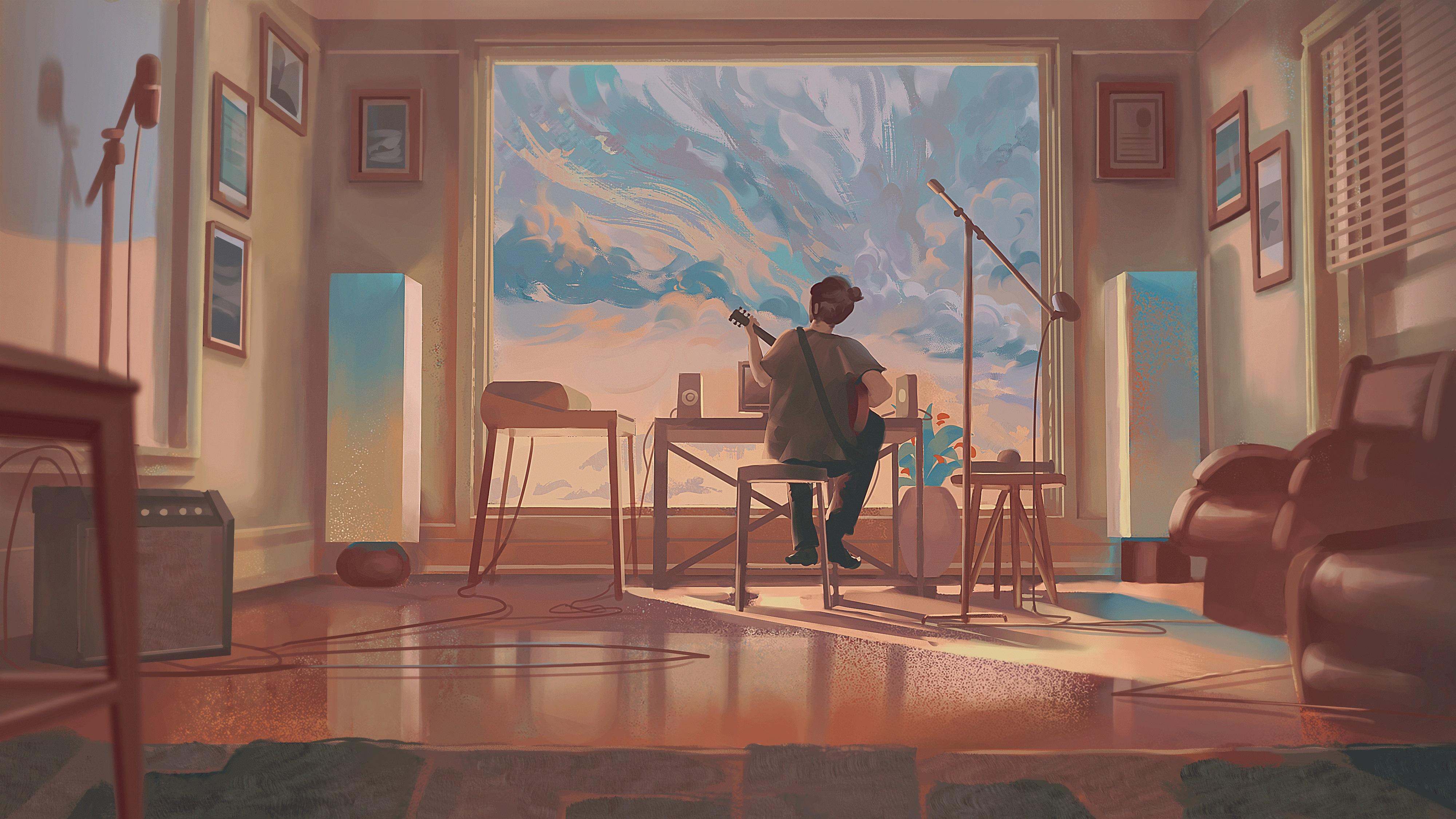 4000x2250 Artwork Interior Guitar Music Room Wallpaper:4000x2250