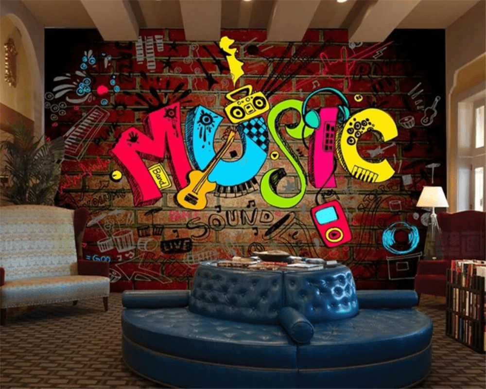 1000x800 Beibehang photo wallpaper Trendy Musical Brick Wallpaper Bar Cafe. Graffiti wall, Mural wallpaper, Cafe wall