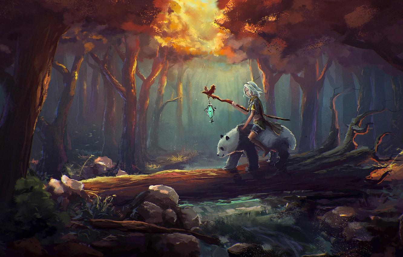 1332x850 Wallpaper forest, water, river, tree, boy, art, Panda, staff image for desktop, section живопись