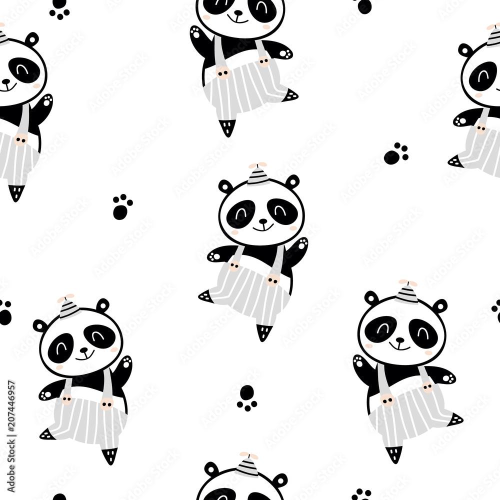 1000x1000 Seamless childish pattern with cute panda boy in black and white style. Creative scandinavian kids texture for fabric, wrapping, textile, wallpaper, apparel. Vector illustration Stock Vector