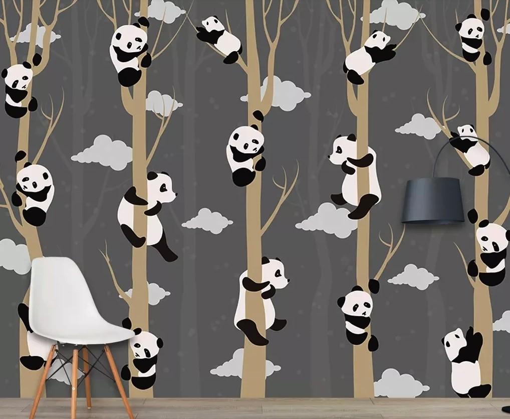1018x835 Cartoon Pandas with Tree Branches Wallpaper Mural • Wallmur®