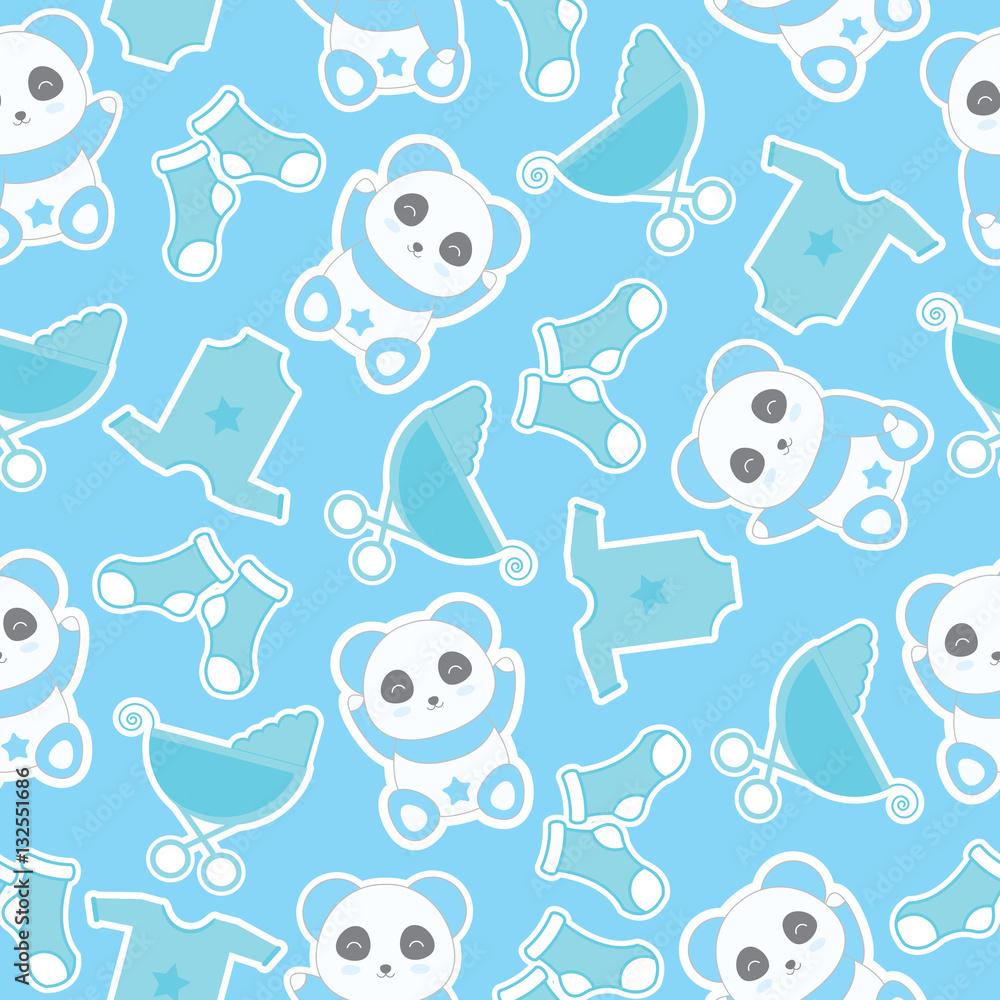 1000x1000 Seamless background of baby shower illustration with cute baby boy panda and baby clothes on blue background suitable for baby wallpaper, scrap paper and postcard Stock Vector