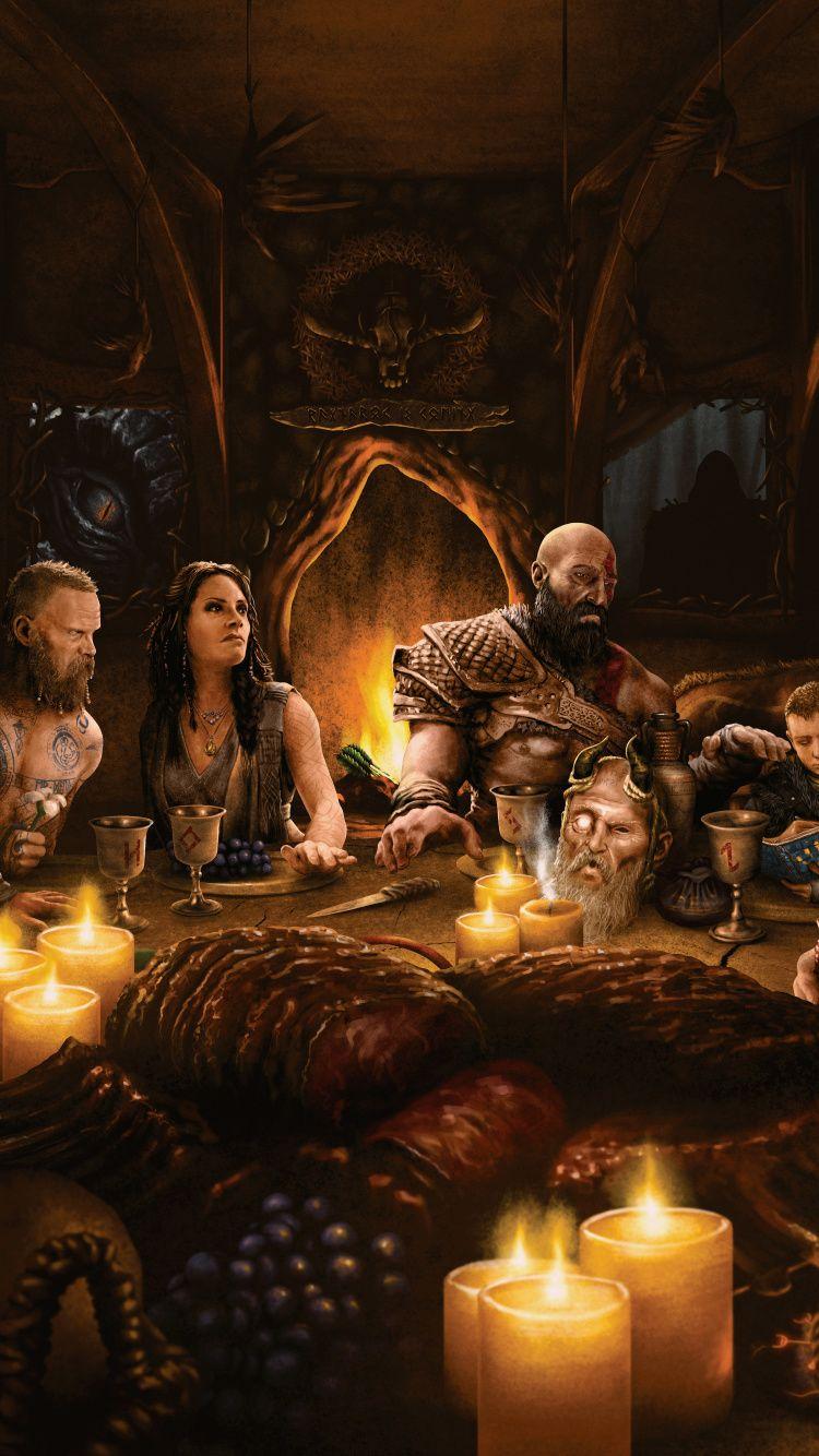 750x1334 Download 750x1334 wallpaper dinner, warriors, video game, god of war