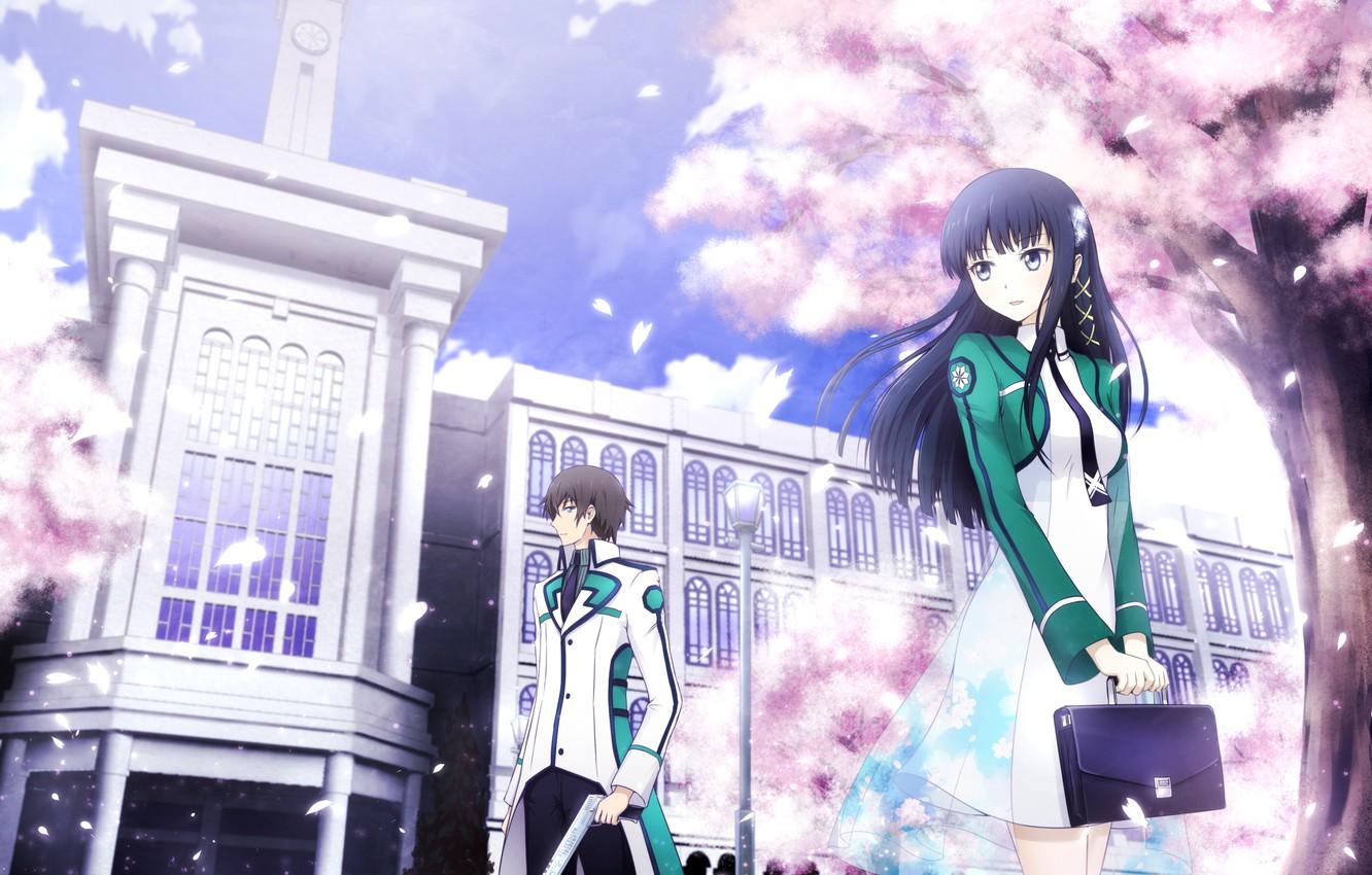 1332x850 Wallpaper the sky, girl, clouds, trees, smile, gun, petals, guy, portfolio, two, school uniform, anime, art, mahou giving koukou no rettousei, views, pixiv Id - for desktop, section сёдзё