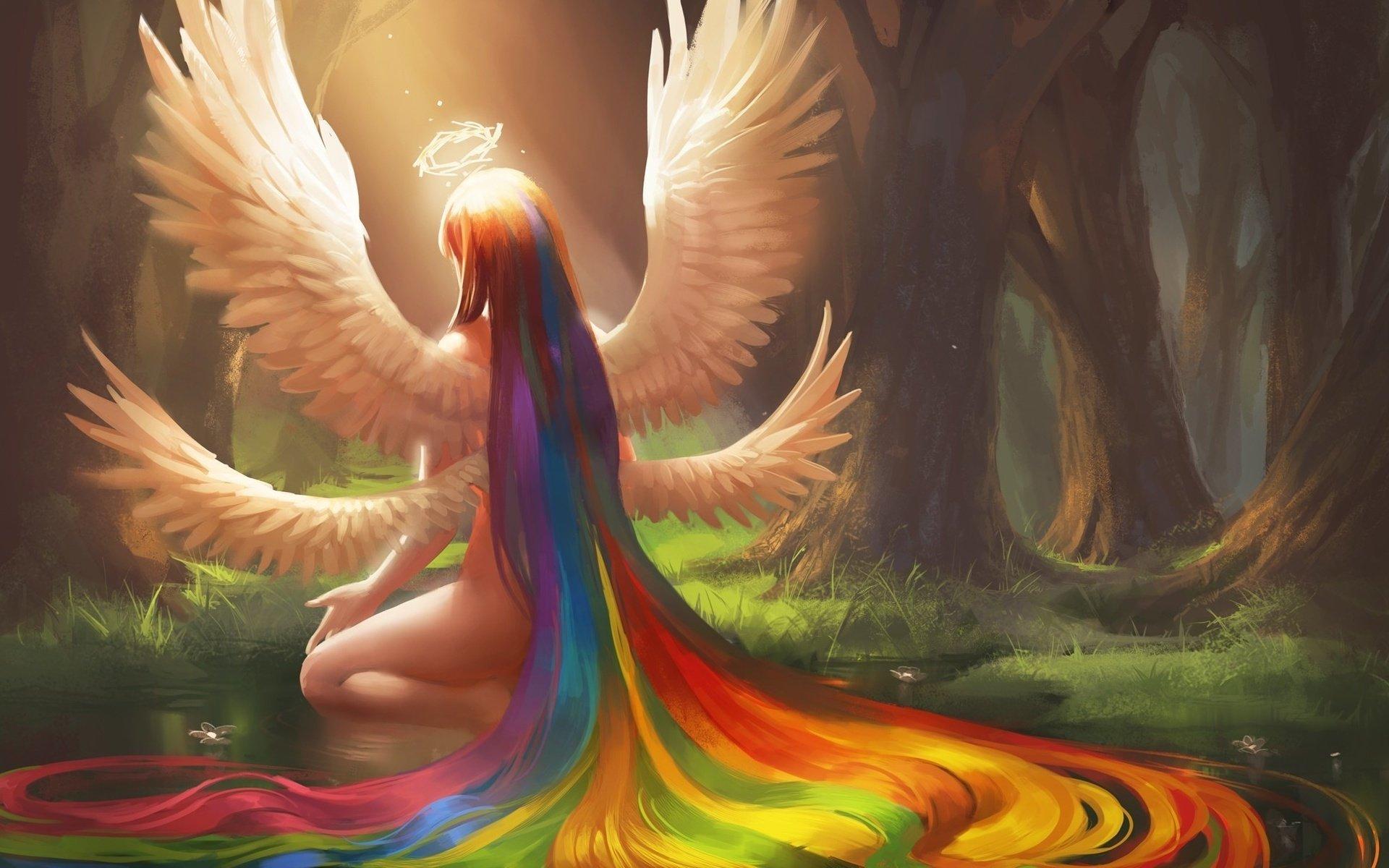 1920x1200 fantasy, Girl, Color, Rainbow, Hair, Wings, Angel, Tree, Forest Wallpaper HD / Desktop and Mobile Background