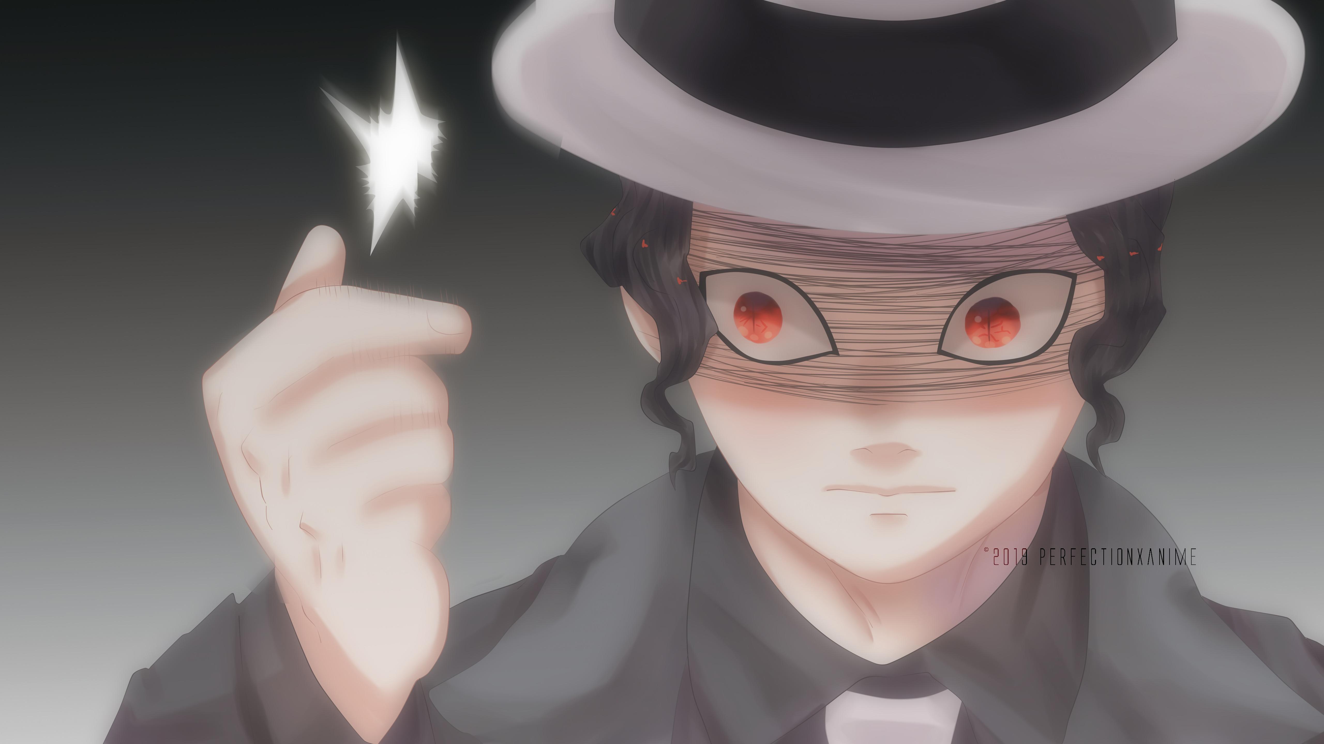 5120x2880 Demon Slayer Muzan Kibutsuji With Red Eyes And Hat With Background Of Black And Gray 4K 5K HD Anime Wallpaper