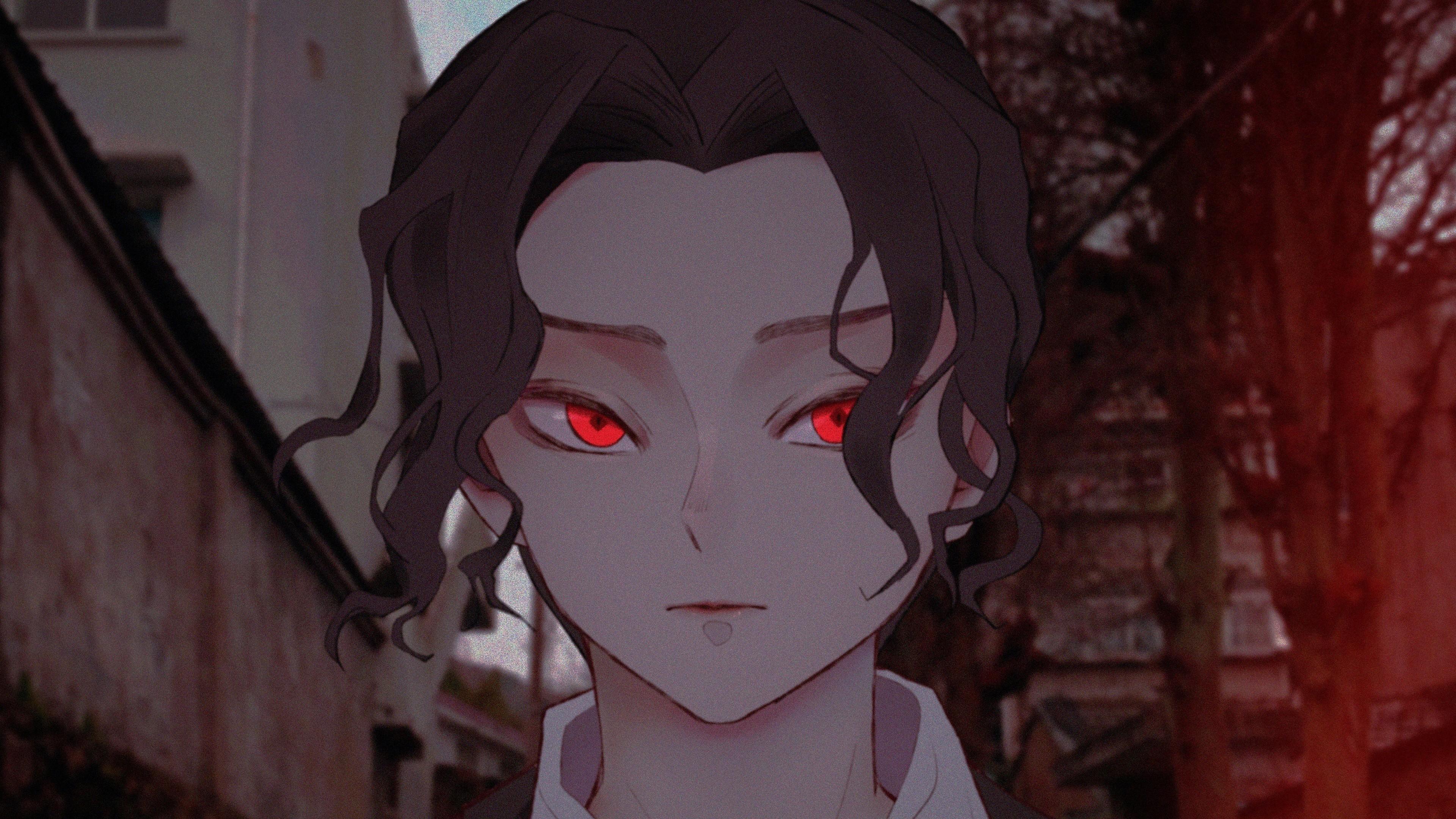 3840x2160 Demon Slayer Muzan Kibutsuji With Red Eyes With Background Of Trees And Buildings 4K HD Anime Wallpaper