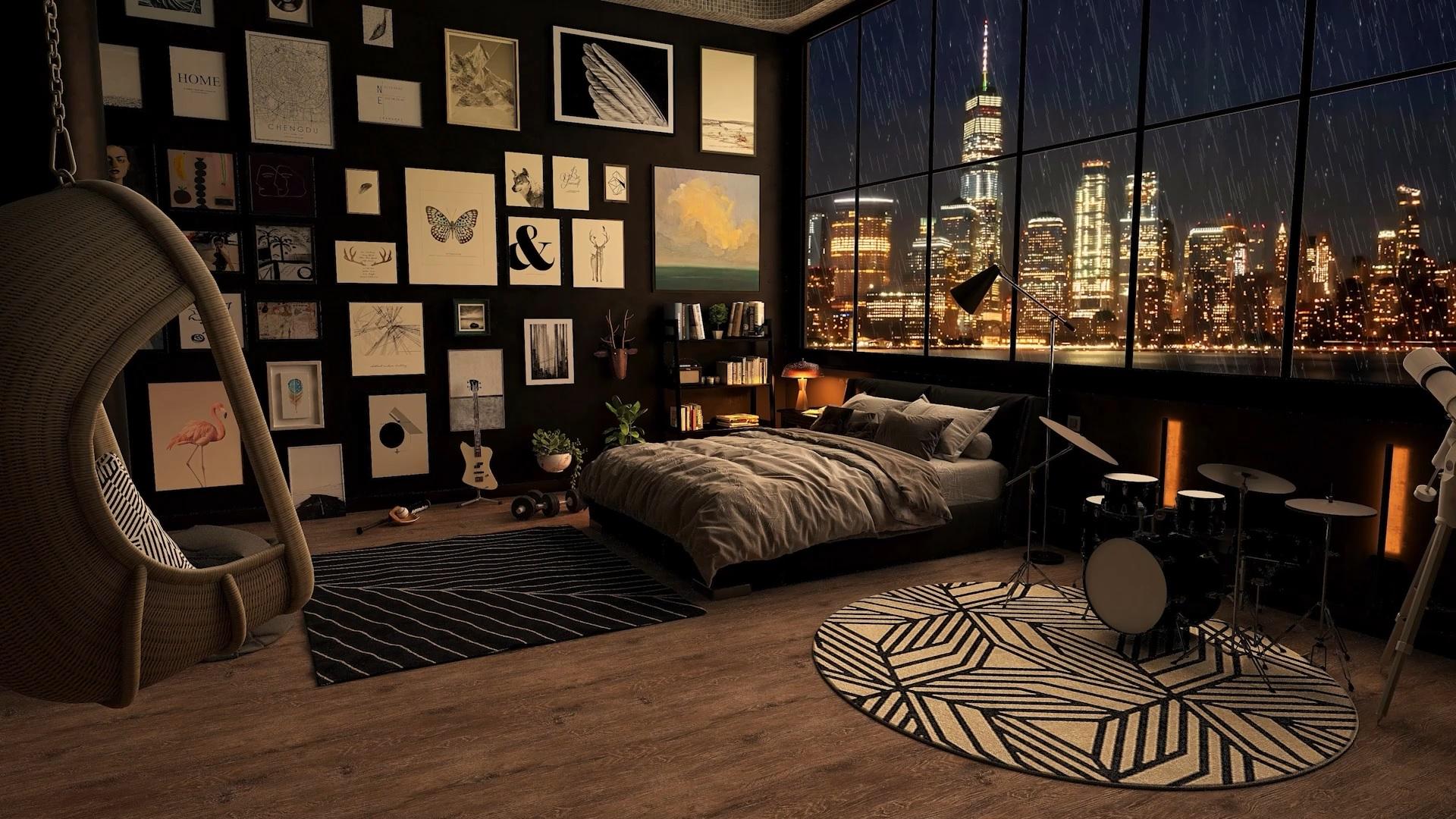 1920x1080 Cozy Bedroom on a Rainy Night [1920x1080]