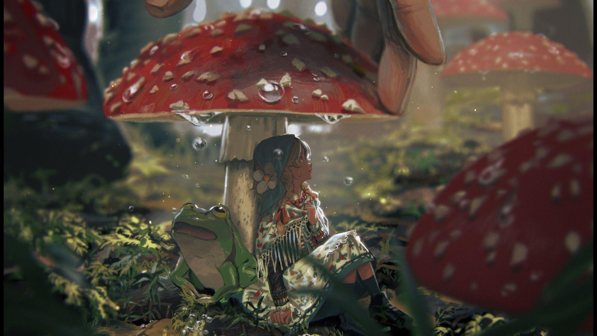 1920x1080 Desktop Wallpaper Small Girl, Frog, Mushroom, Fantasy Art, HD Image, Picture, Background, 76htee