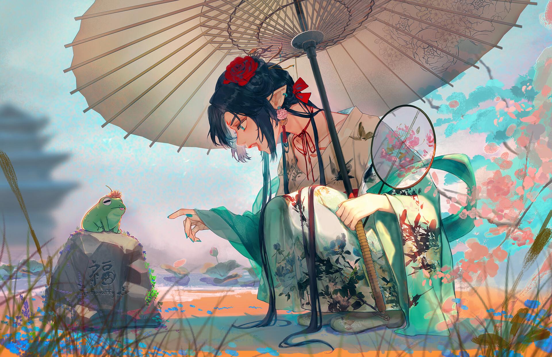 1920x1242 Artwork Fantasy Art Frog Animals Fantasy Girl Women Flower In Hair Dark Hair Asian Pointy Ears Umbre Wallpaper:1920x1242