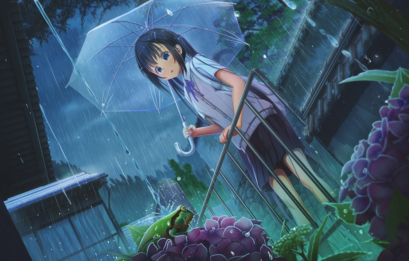 1332x850 Wallpaper flowers, rain, frog, umbrella, girl, railings, flowerbed, the shower, hydrangea image for desktop, section арт