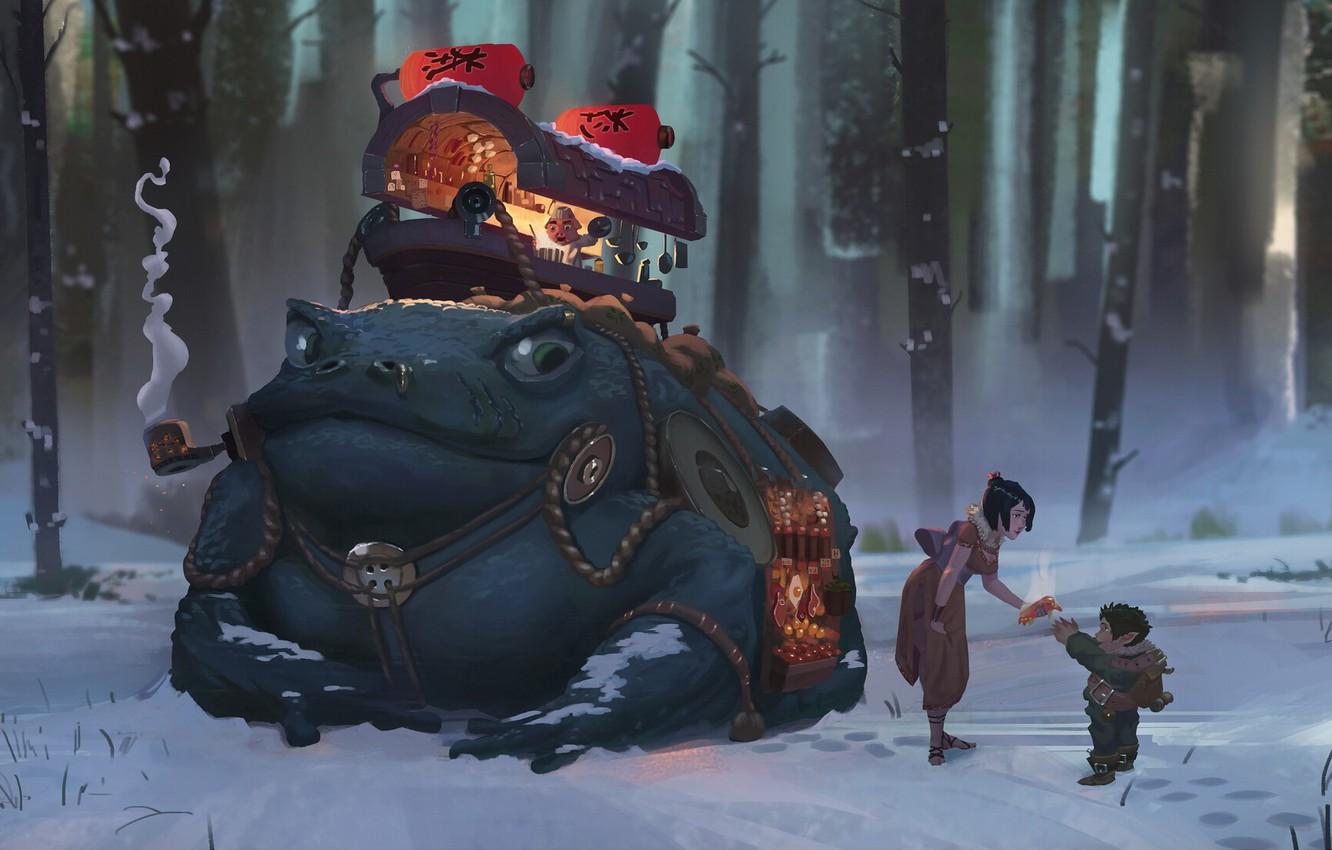 1332x850 Wallpaper winter, forest, child, frog, Girl, toad, diner image for desktop, section фантастика