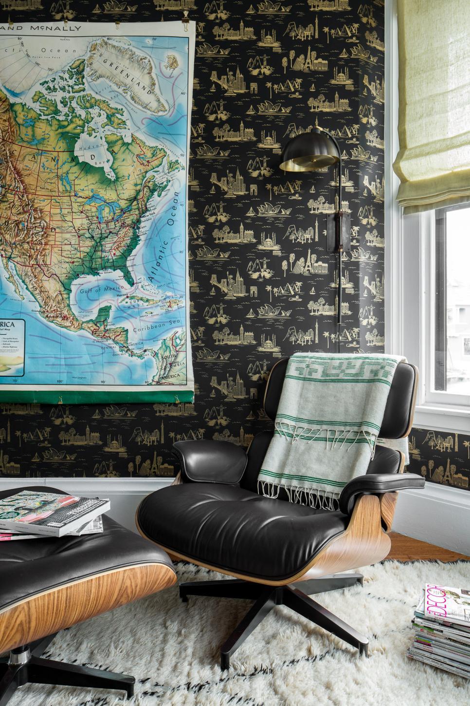966x1449 Eclectic Home Office Features a Black, Patterned Wallpaper and a Modern Armchair