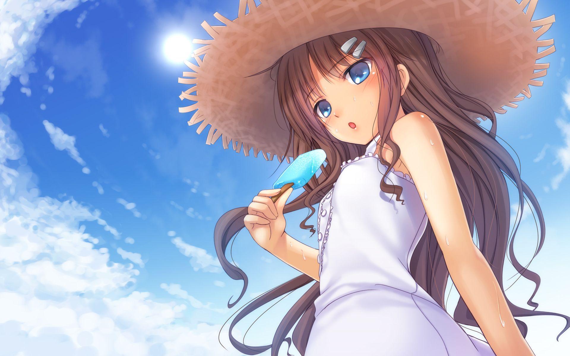 Stare of anime girl with long black hair white dress blue eyes by window  with sky and city view 2K wallpaper download