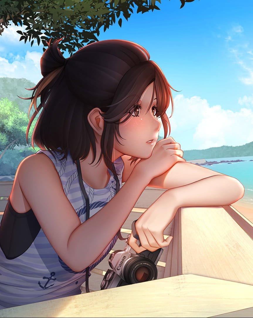 863x1081 HD wallpaper brown hair woman illustration anime anime girls beach summer