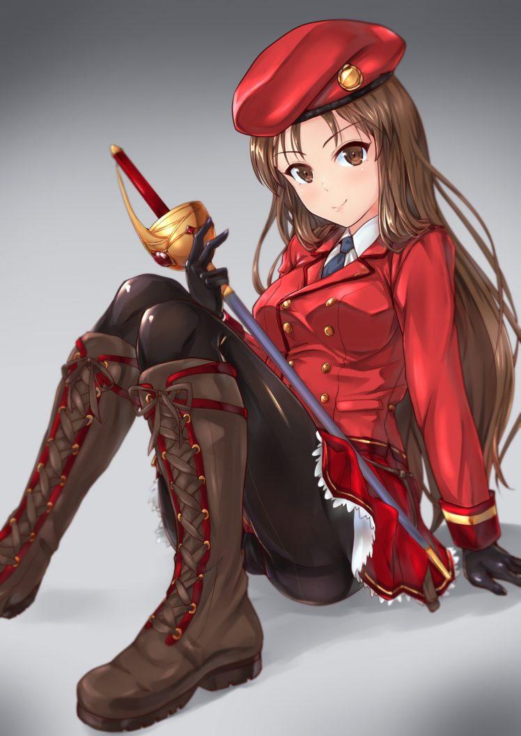 748x1056 long hair, Brunette, Anime, Anime girls, Sword, Weapon, Uniform, Brown eyes HD Wallpaper / Desktop and Mobile Image & Photo