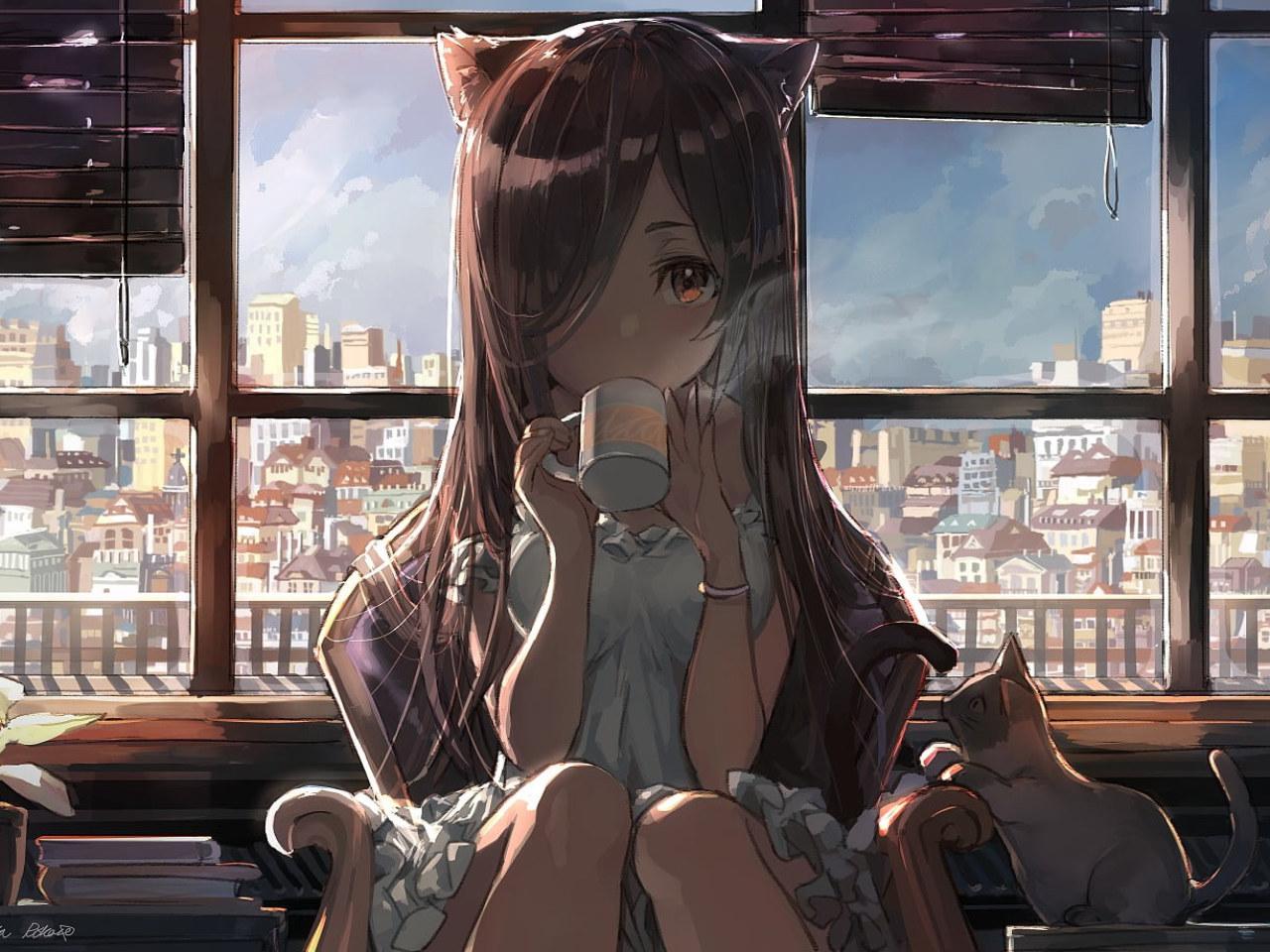 1280x960 Brown Haired Girl Drinking Coffee Animated Character Wallpaper • Wallpaper For You