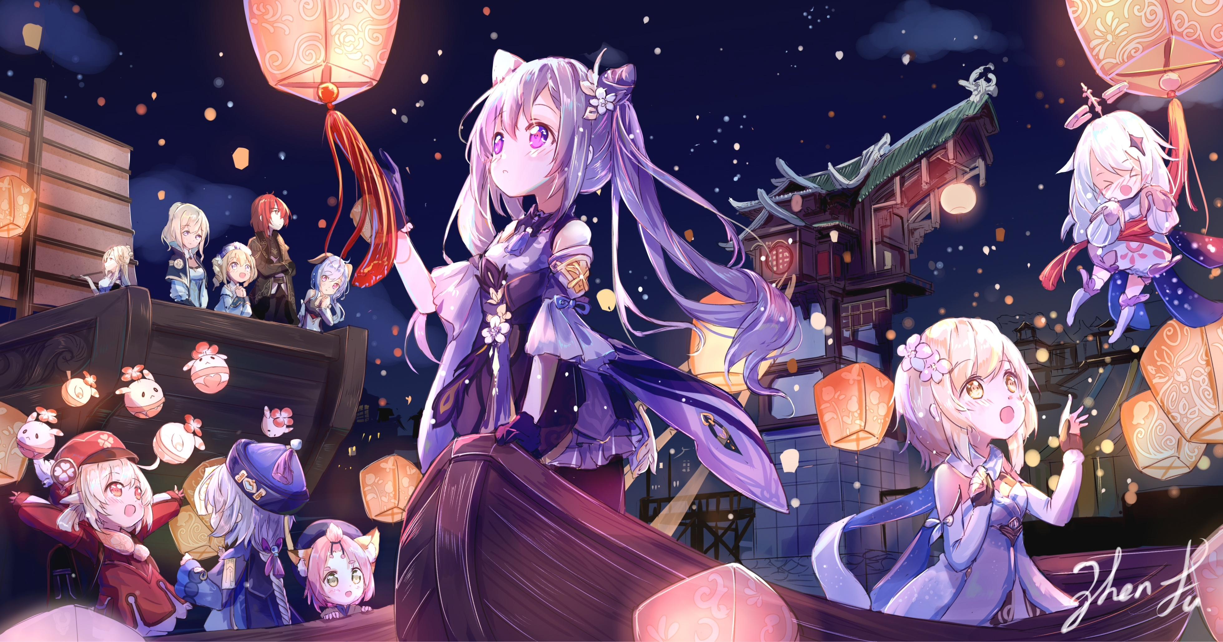 3920x2058 Wallpaper Diluc Ragnvindr, Barbara Pegg, Ganyu, Diona, Genshin Impact, Anime Games, Lantern, Cute:3920x2058